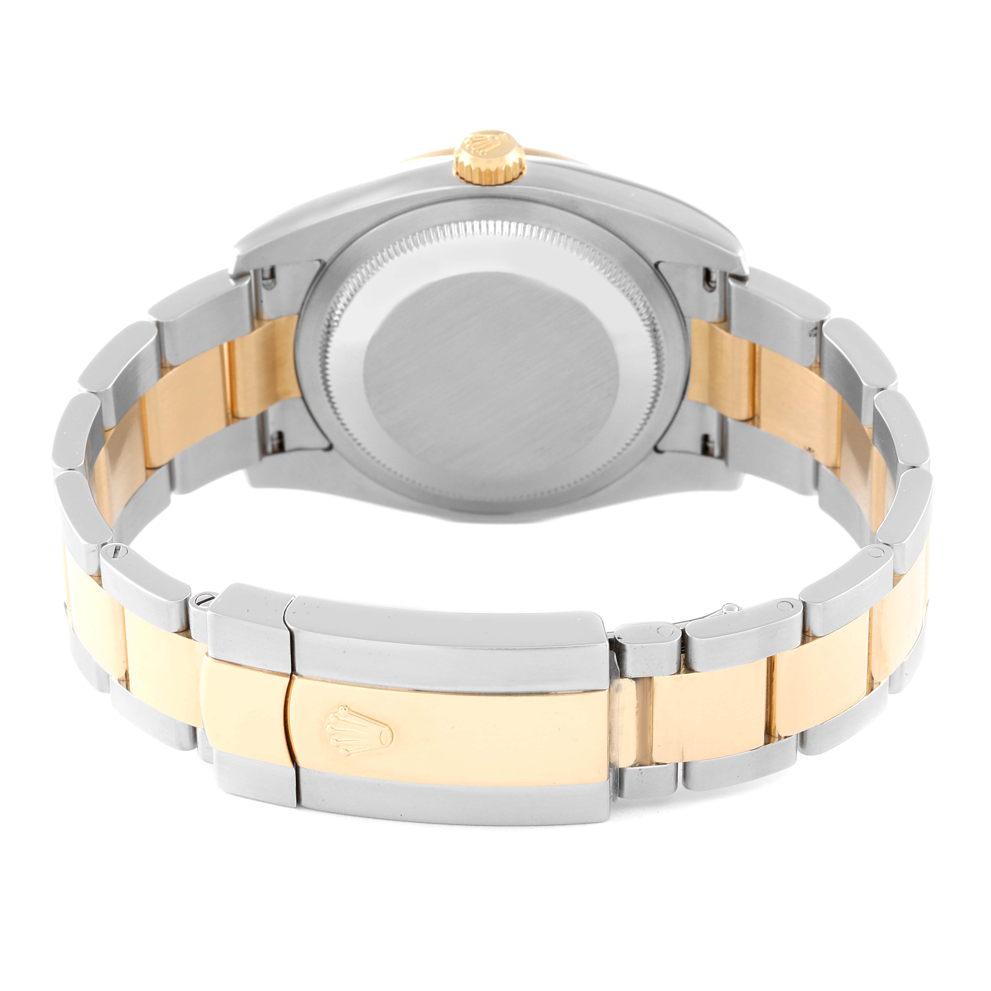 The image shows the back view of the Rolex Turn-o-Graph 116263 Men
s Steel and Gold (two tone) White Dial 116263 Men
s Steel and Gold (two tone) White Dial watch, highlighting the case back and bracelet details.