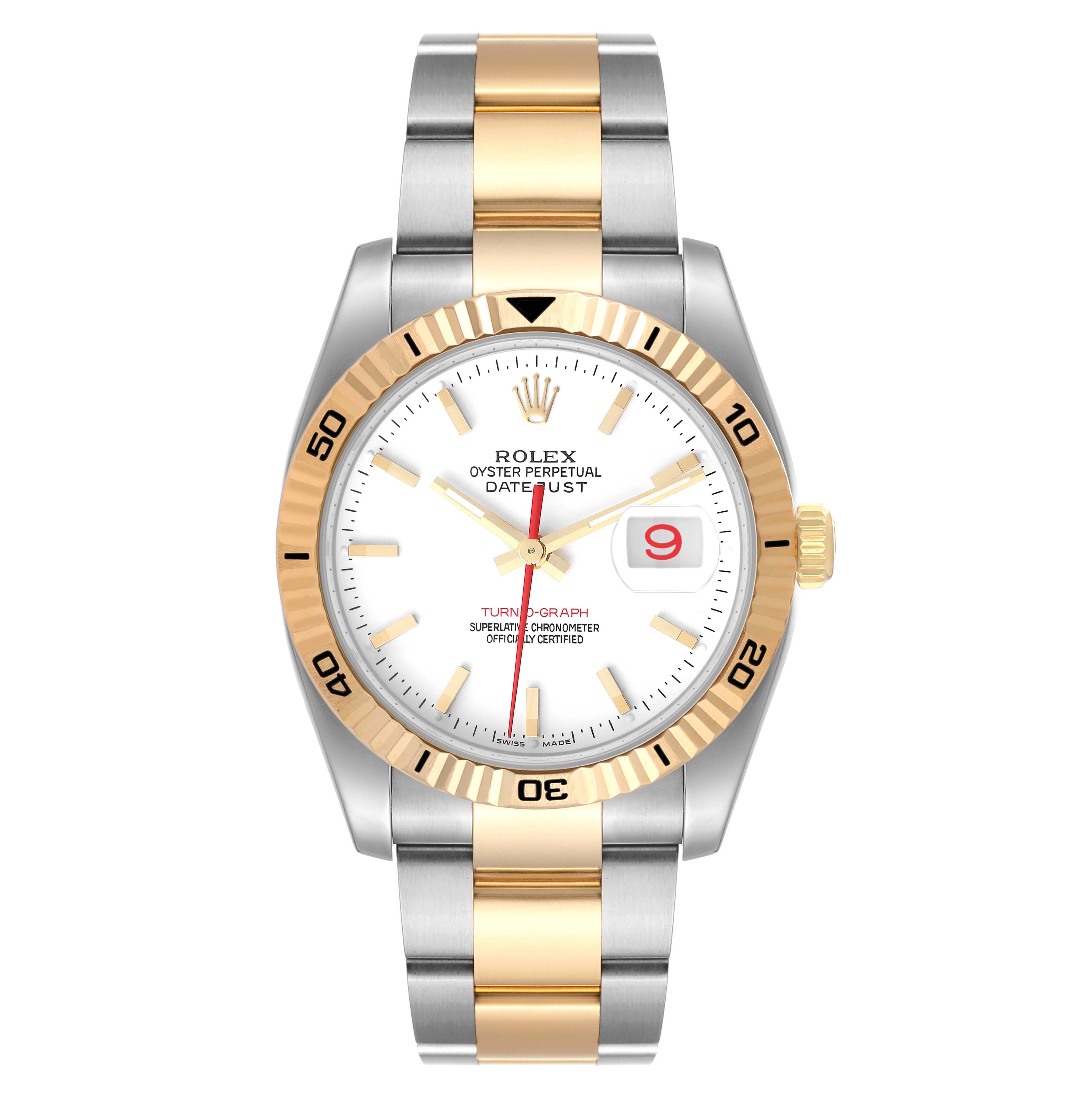 This image shows the front view of a Rolex Turn-o-Graph 116263 Men
s Steel and Gold (two tone) White Dial 116263 Men
s Steel and Gold (two tone) White Dial watch.