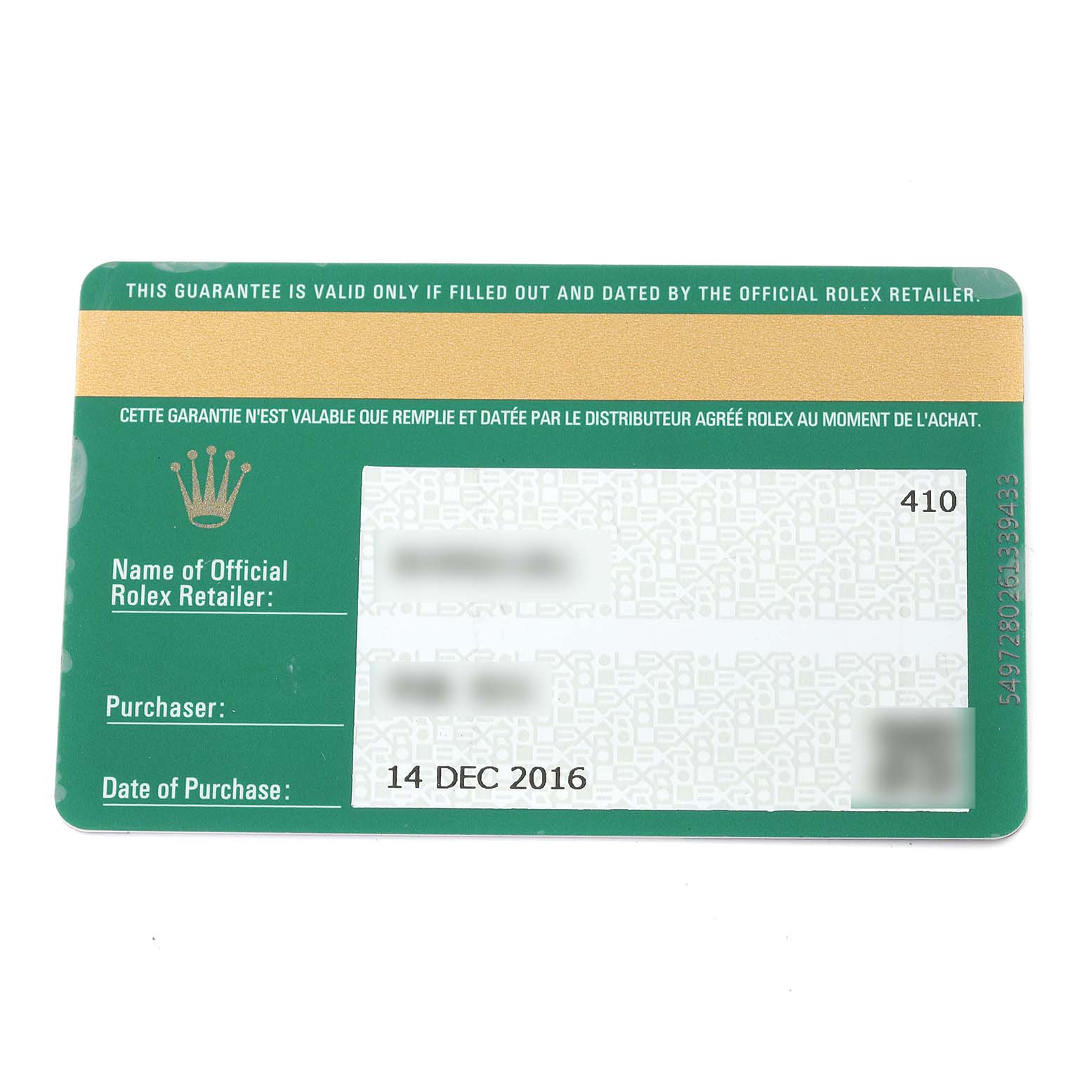 The image shows a guarantee card for a Turn-o-Graph model by Rolex, detailing the official retailer
s information and purchase date.