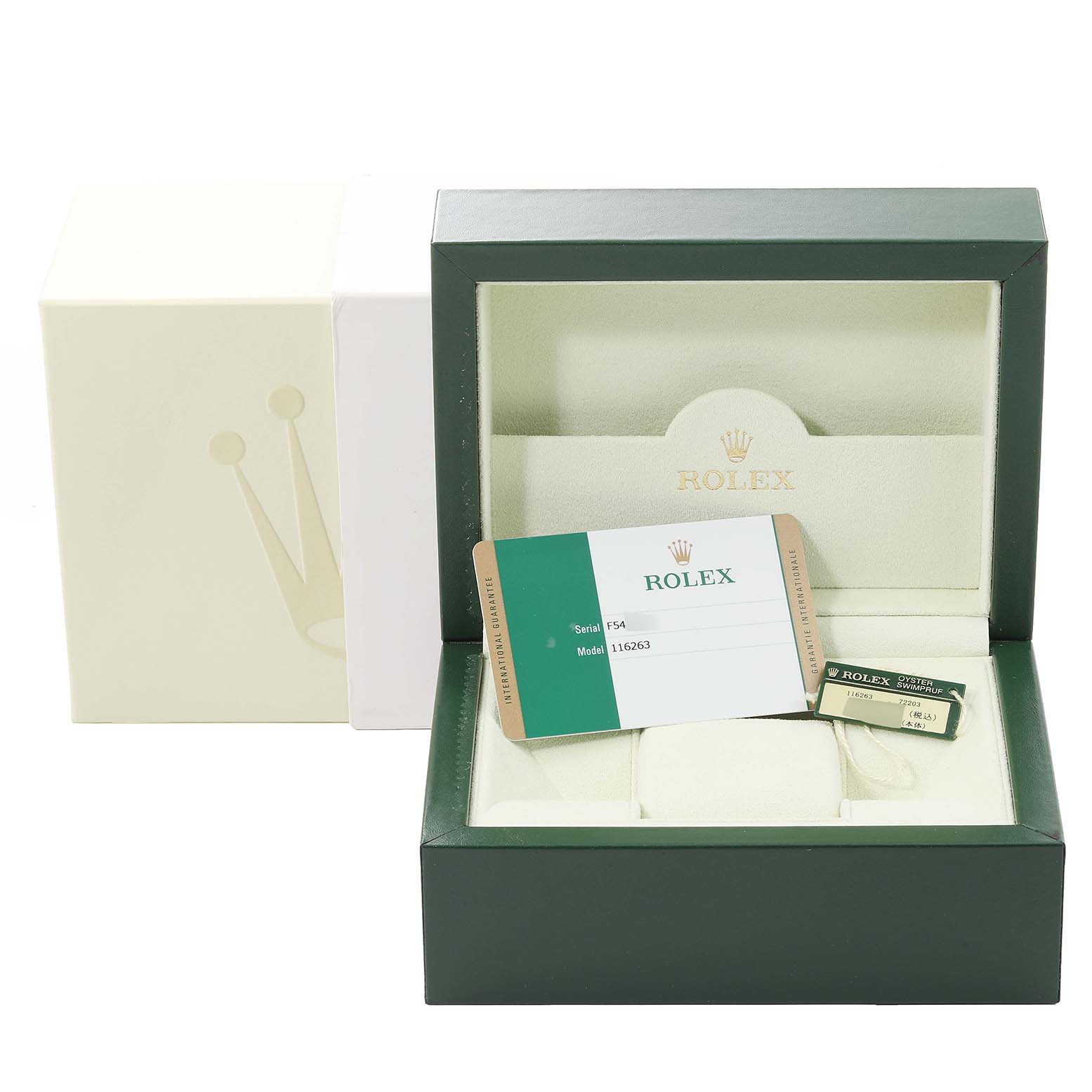 This image shows the packaging for a Rolex Turn-o-Graph 116263 Men
s Steel and Gold (two tone) White Dial 116263 Men
s Steel and Gold (two tone) White Dial model, including the watch box, warranty card, and a tag.