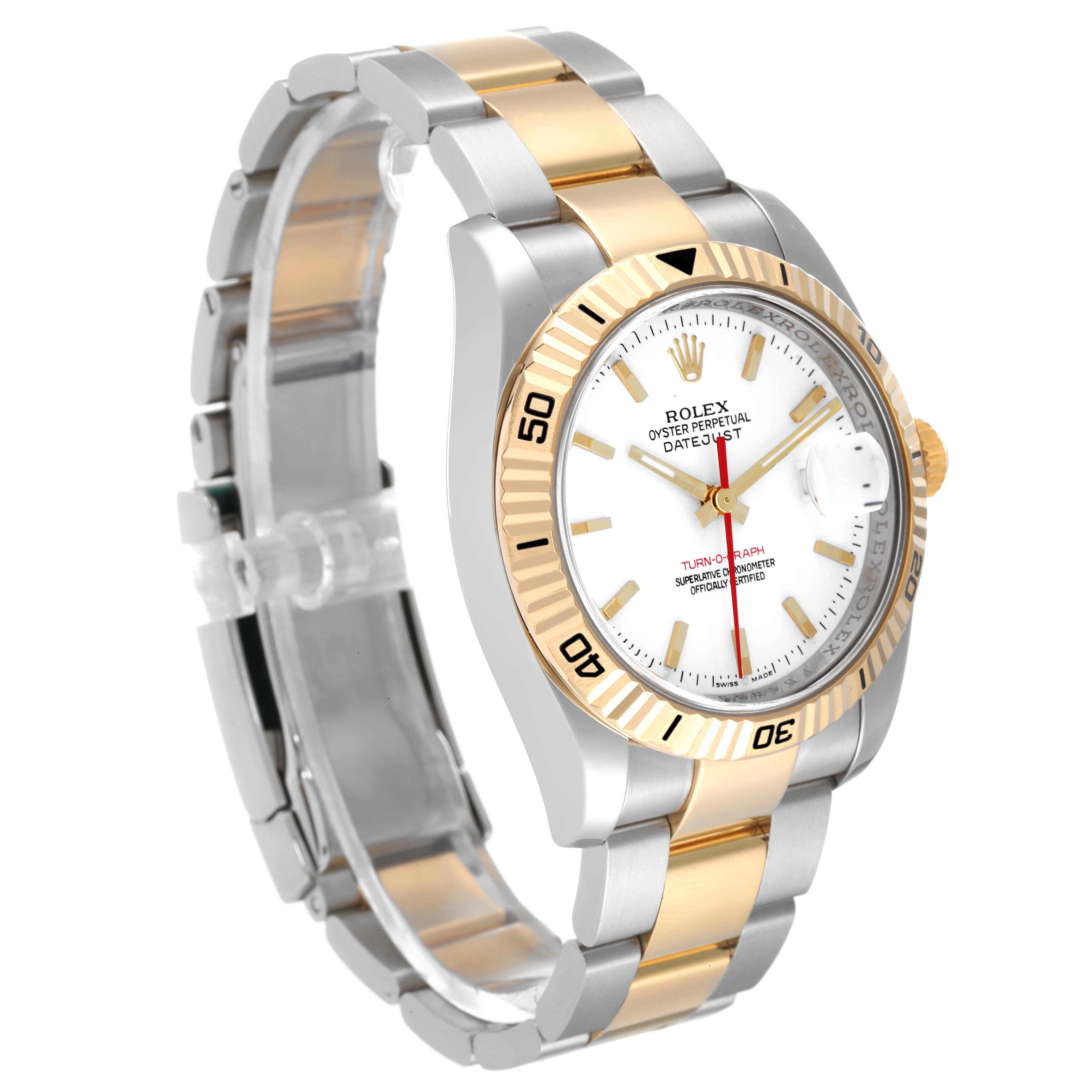 The image shows the Rolex Turn-o-Graph 116263 Men
s Steel and Gold (two tone) White Dial 116263 Men
s Steel and Gold (two tone) White Dial watch from a three-quarter front angle, highlighting the bezel, dial, and bracelet.