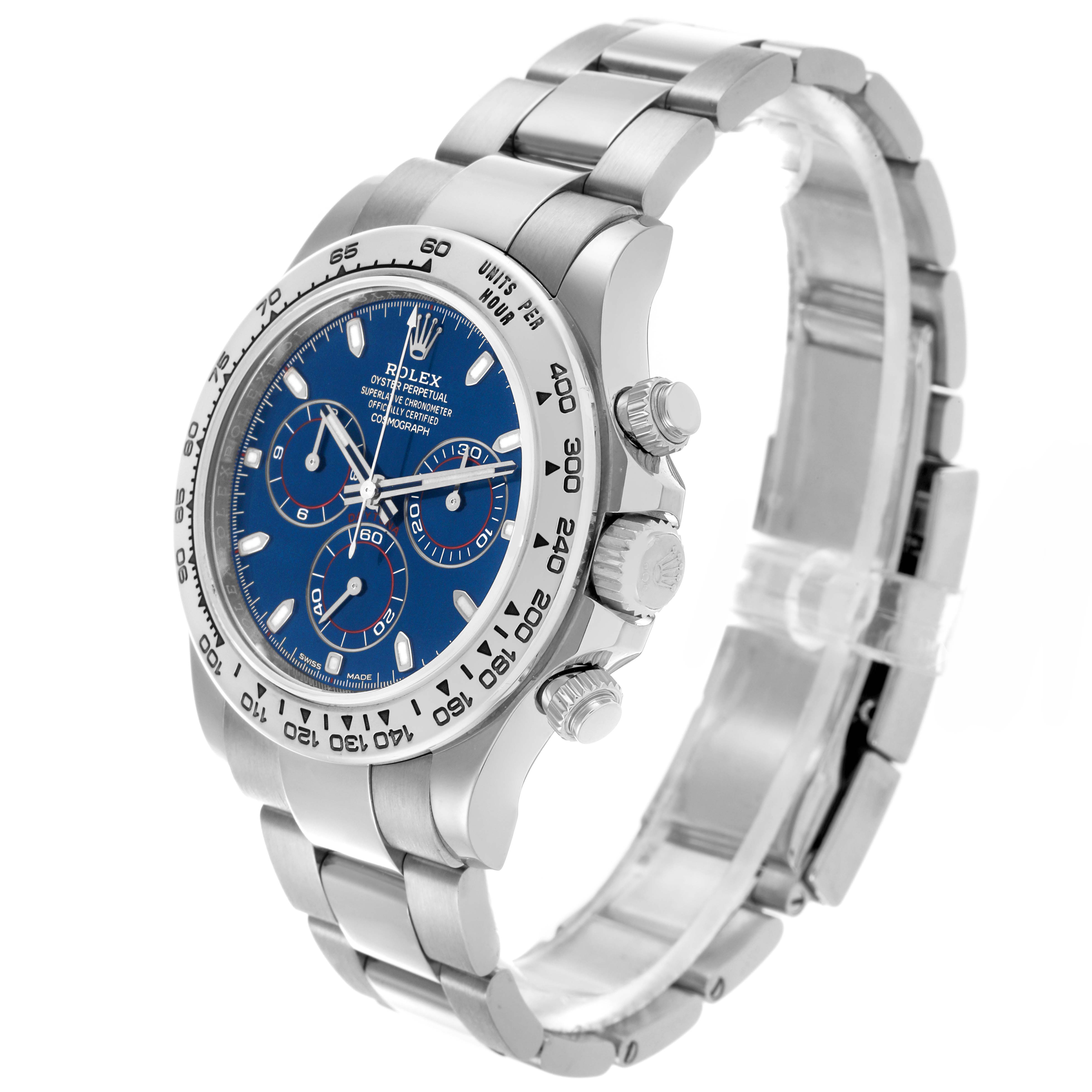 The Rolex Daytona 116509 Men's White Gold Blue Dial 116509 Men's White Gold Blue Dial watch is shown at a three-quarter angle, highlighting the bracelet, bezel, and blue dial with subdials.