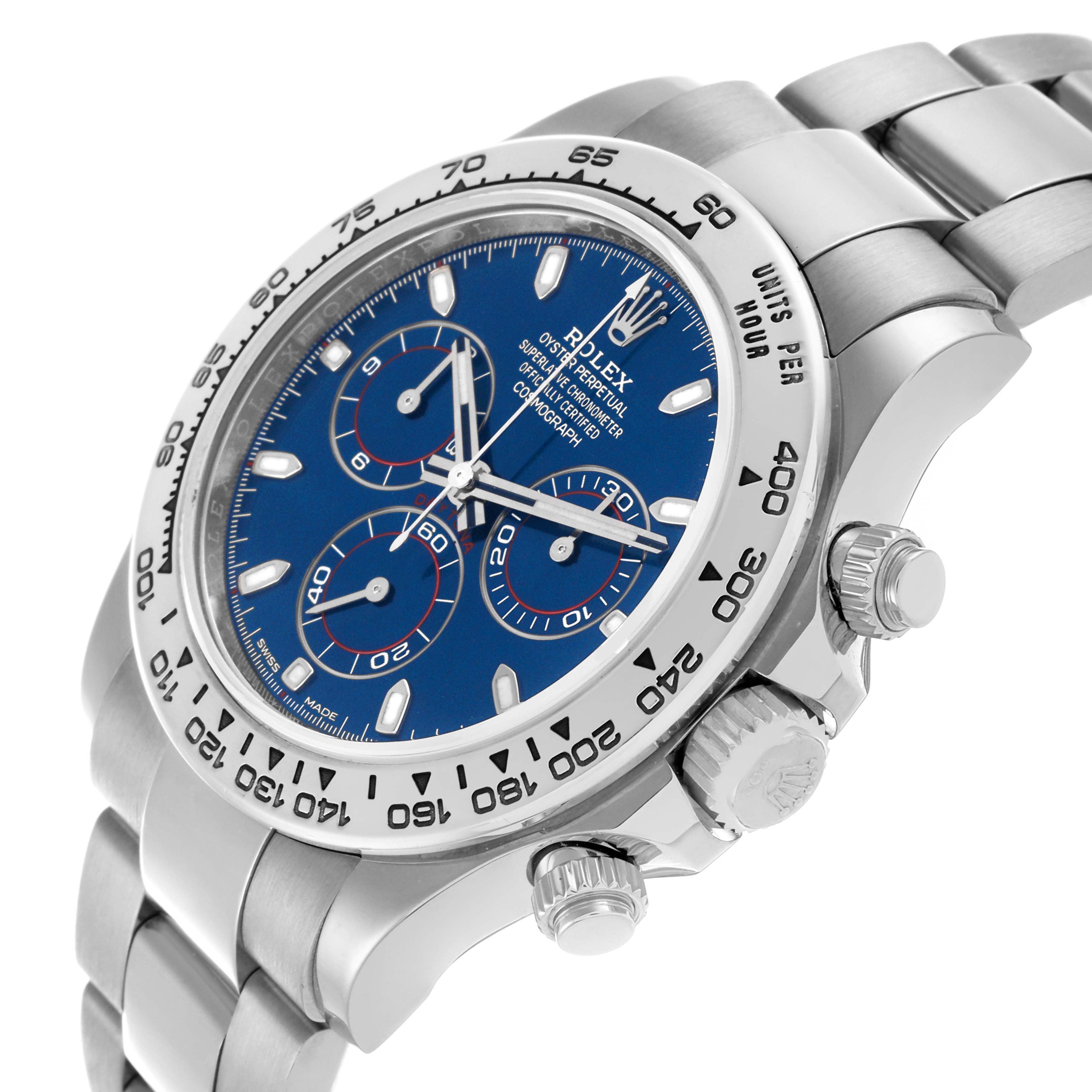 The Rolex Daytona 116509 Men's White Gold Blue Dial 116509 Men's White Gold Blue Dial watch is shown at an angle highlighting the case, crown, pushers, and part of the bracelet.