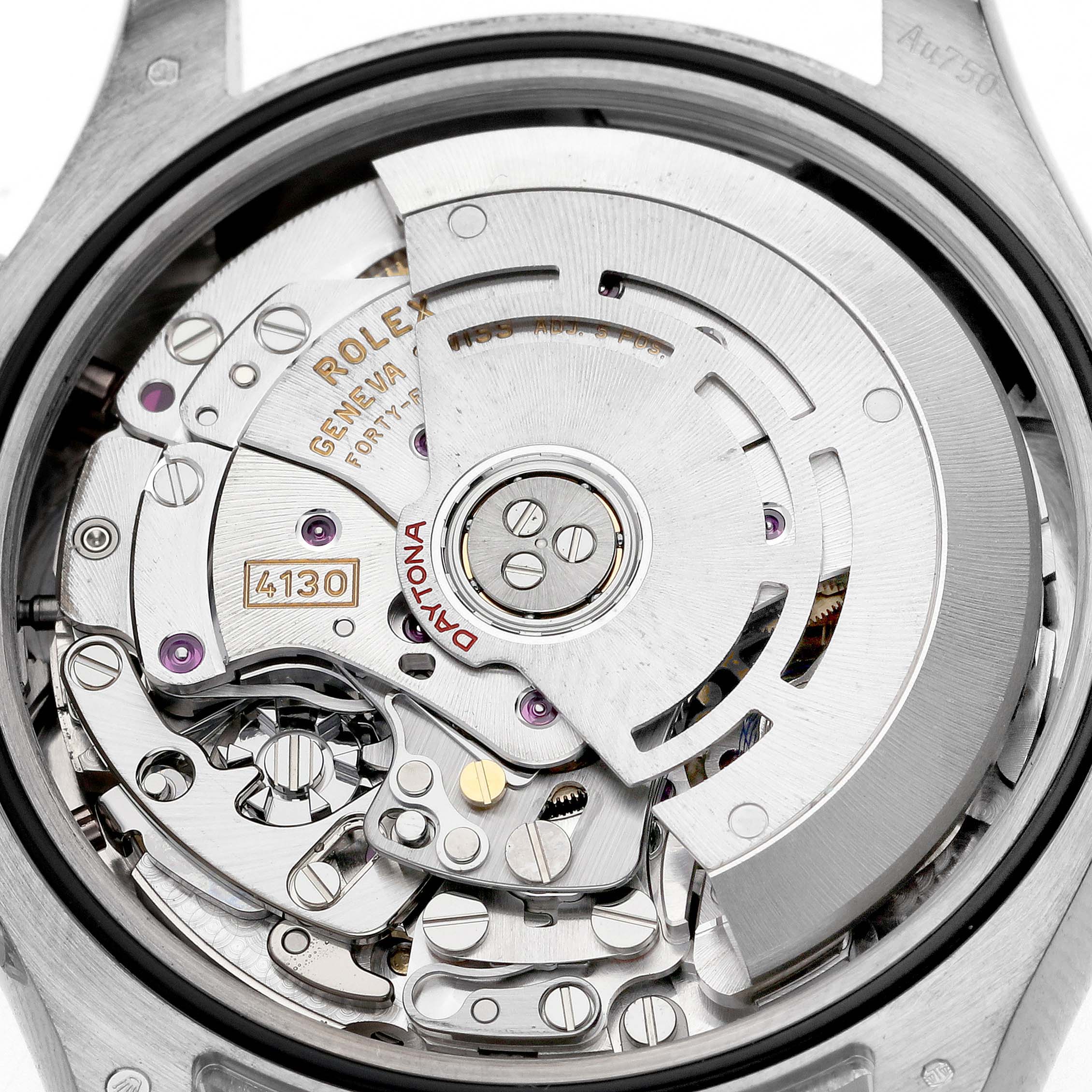 The image shows the movement of a Rolex Daytona 116509 Men's White Gold Blue Dial 116509 Men's White Gold Blue Dial watch with an overhead view of its intricate components.