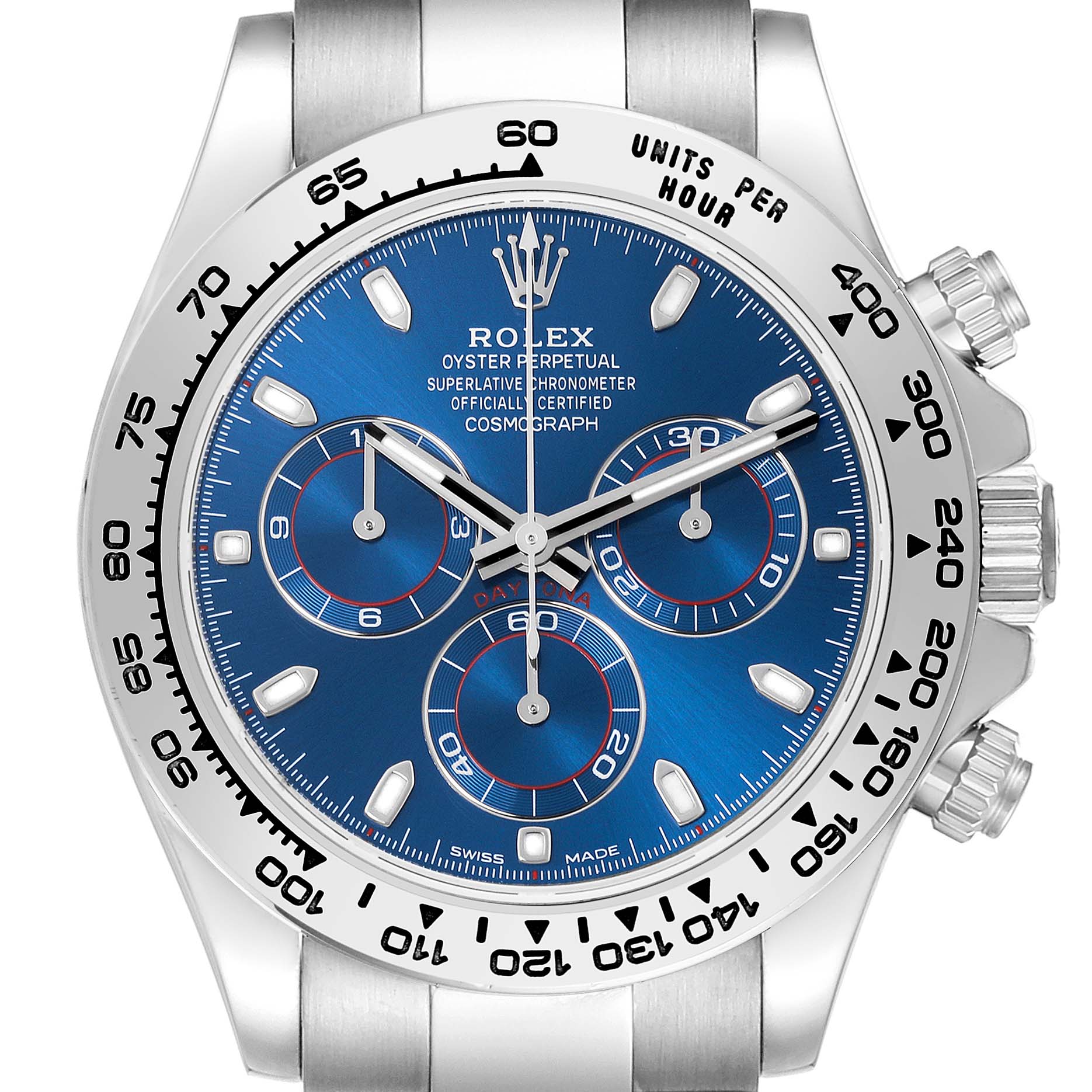 The Rolex Daytona 116509 Men's White Gold Blue Dial 116509 Men's White Gold Blue Dial watch is shown from a frontal angle, highlighting its dial, hands, bezel, and chronograph subdials.