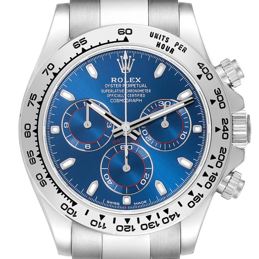 The Rolex Daytona watch is shown from a frontal angle, highlighting its dial, hands, bezel, and chronograph subdials.