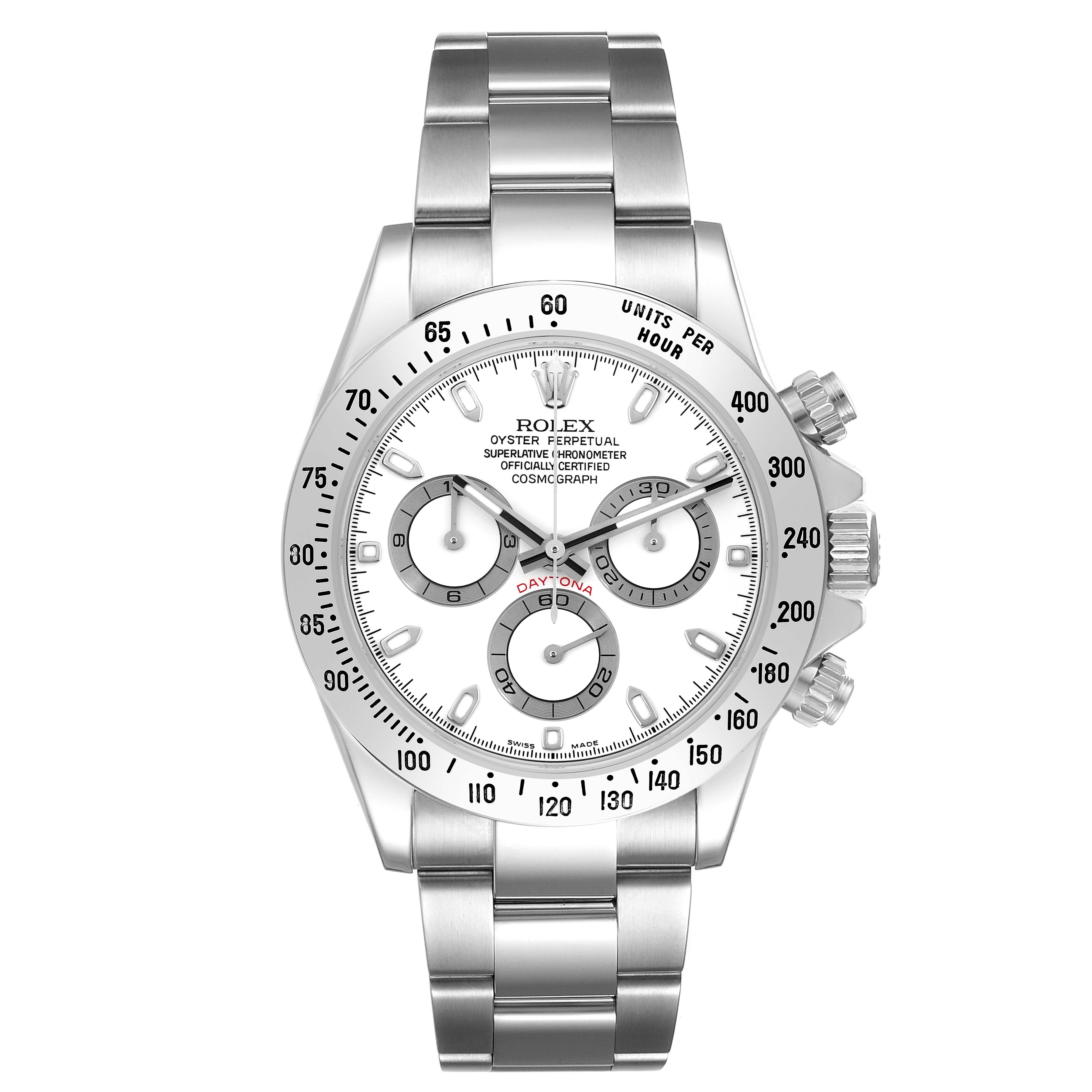 The Rolex Daytona 116520 Men's Stainless Steel White Dial 116520 Men's Stainless Steel White Dial is shown from a front-facing angle, highlighting the face, bezel, dial, and bracelet.