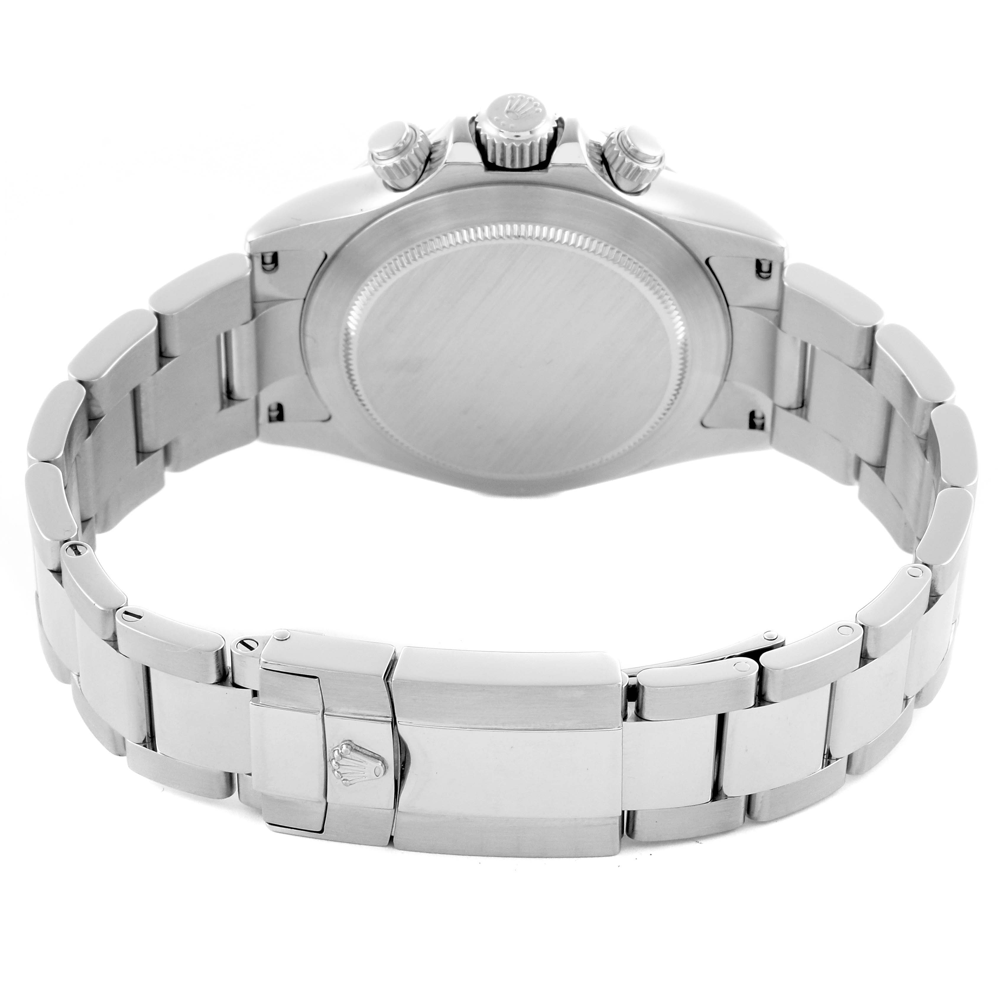 The Rolex Daytona 116520 Men's Stainless Steel White Dial 116520 Men's Stainless Steel White Dial is shown from the back, detailing the case back, bracelet, and clasp.