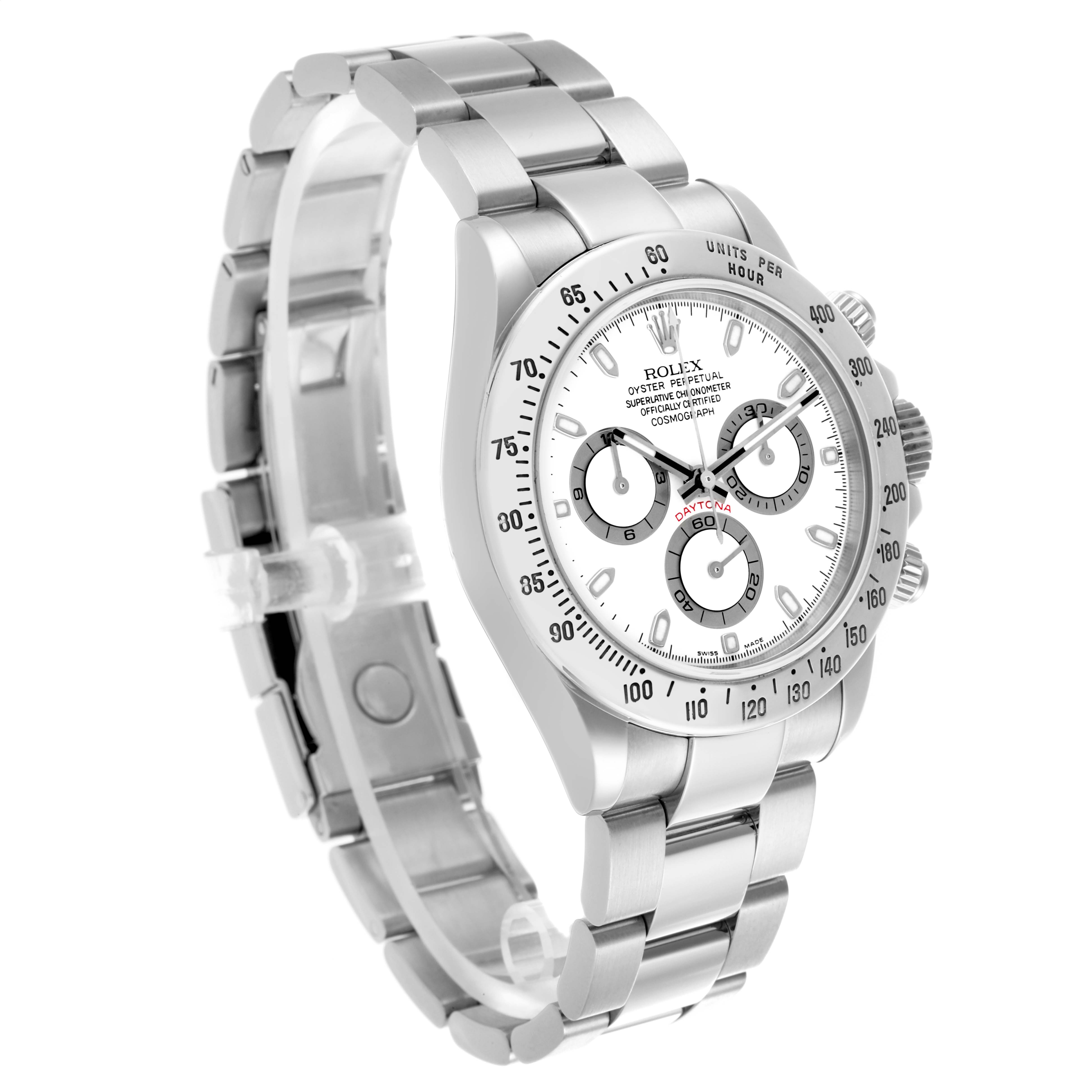 The Rolex Daytona 116520 Men's Stainless Steel White Dial 116520 Men's Stainless Steel White Dial watch is shown at a three-quarter angle, displaying its bezel, dial, side buttons, and bracelet.