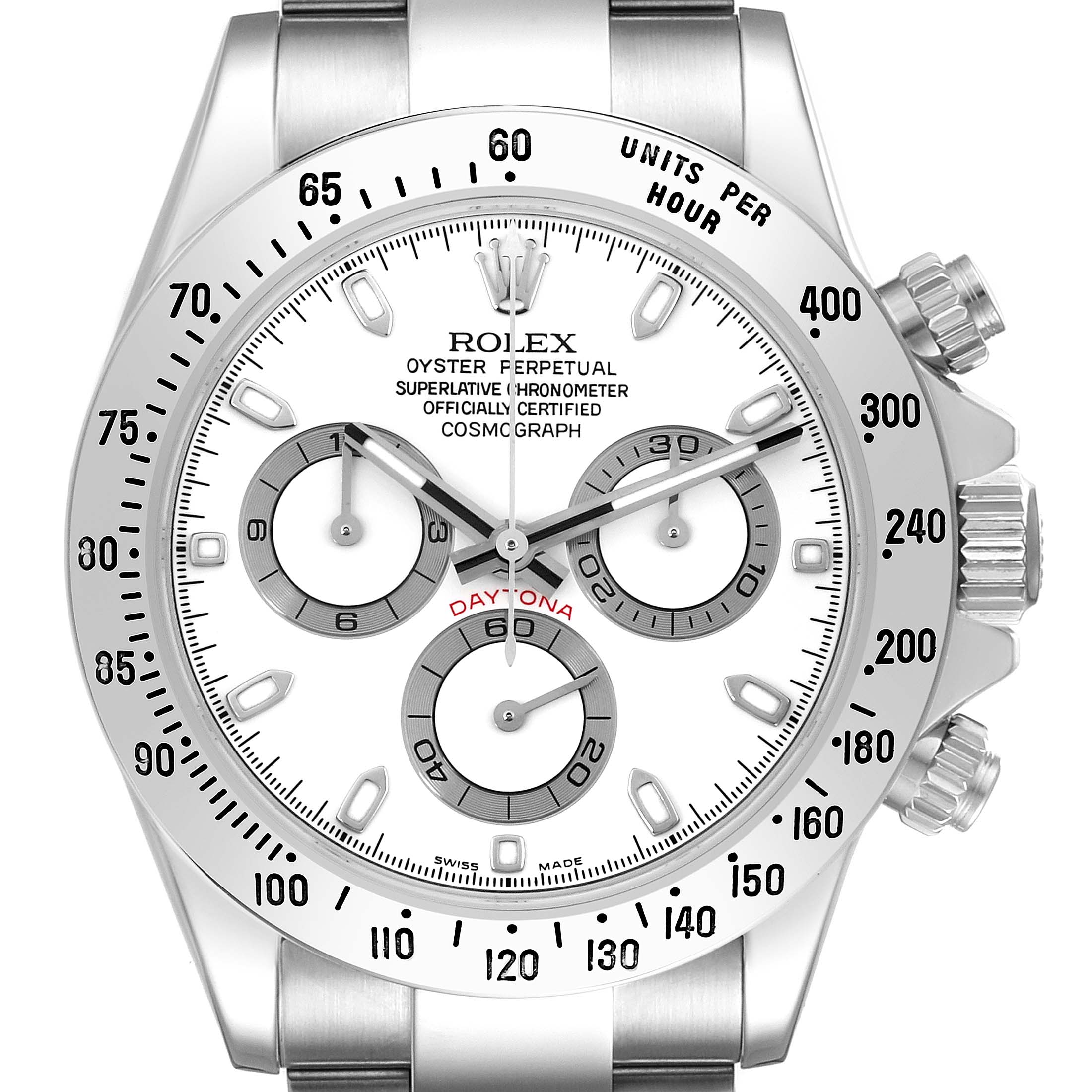The image shows a frontal view of the Rolex Daytona 116520 Men's Stainless Steel White Dial 116520 Men's Stainless Steel White Dial watch, highlighting its dial, bezel, and chronograph pushers.