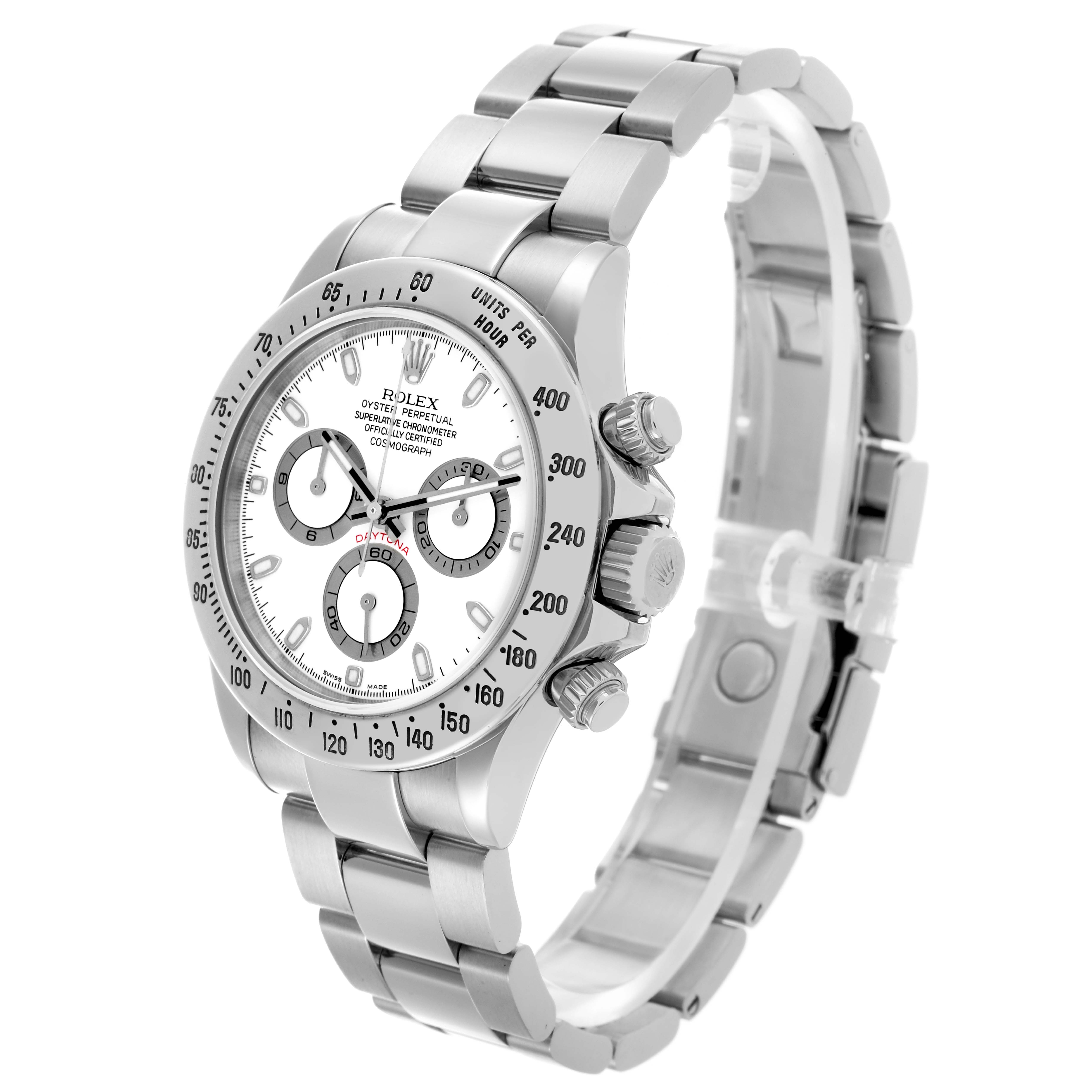 The Rolex Daytona 116520 Men's Stainless Steel White Dial 116520 Men's Stainless Steel White Dial is shown at a three-quarter angle, highlighting the dial, bezel, pushers, and bracelet.