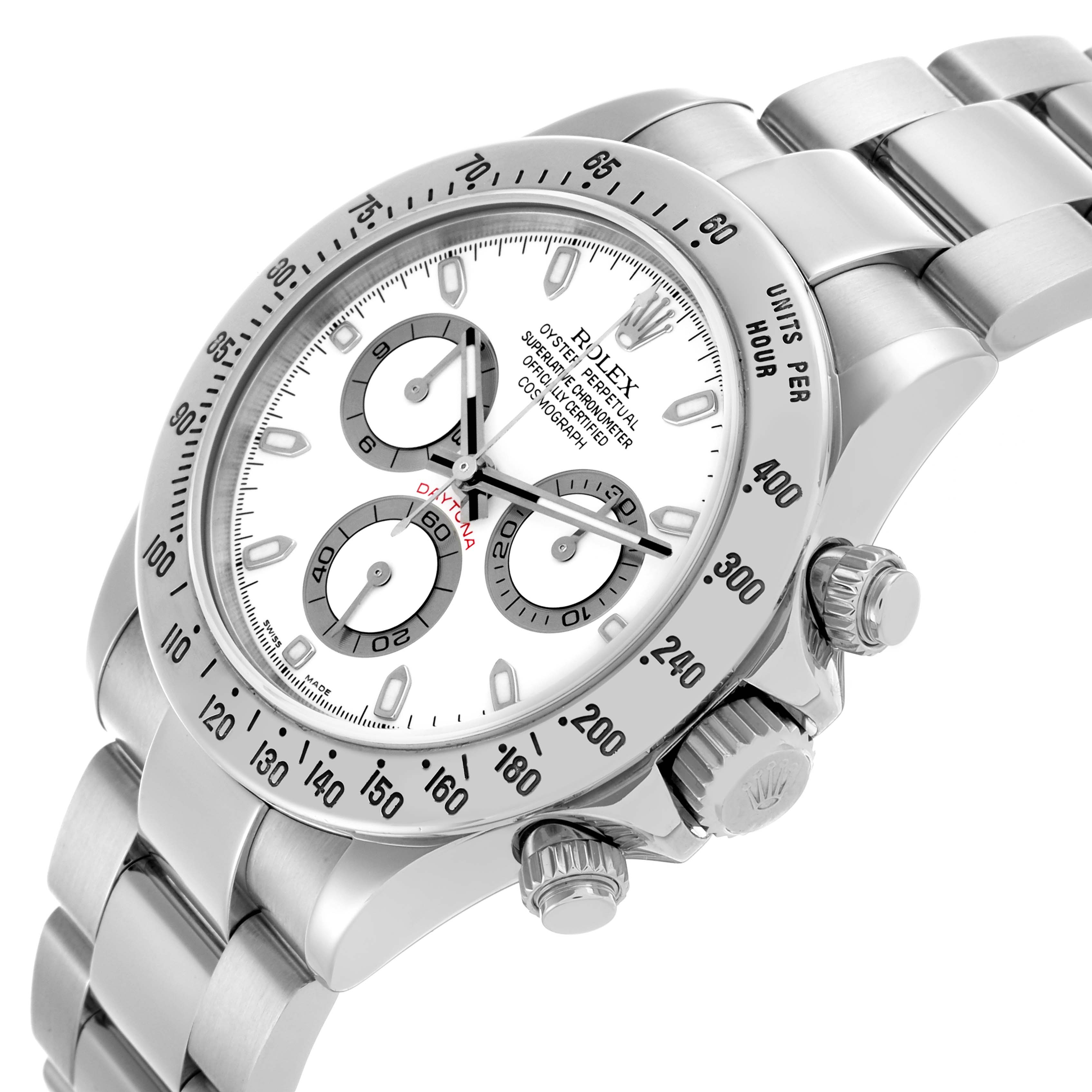 The Rolex Daytona 116520 Men's Stainless Steel White Dial 116520 Men's Stainless Steel White Dial watch is shown at an angled view, displaying the face, bezel, pushers, and a portion of the bracelet.