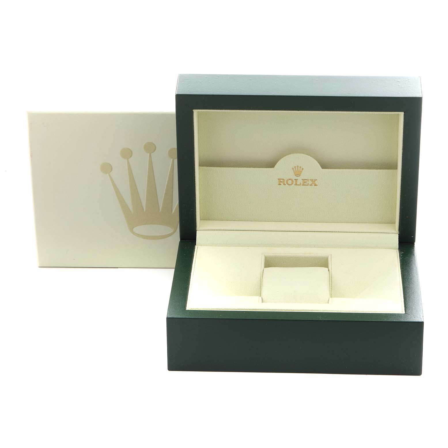 The image shows an open Rolex Daytona 116520 Men's Stainless Steel White Dial 116520 Men's Stainless Steel White Dial watch box at a front angle, featuring the inner lining and logo.