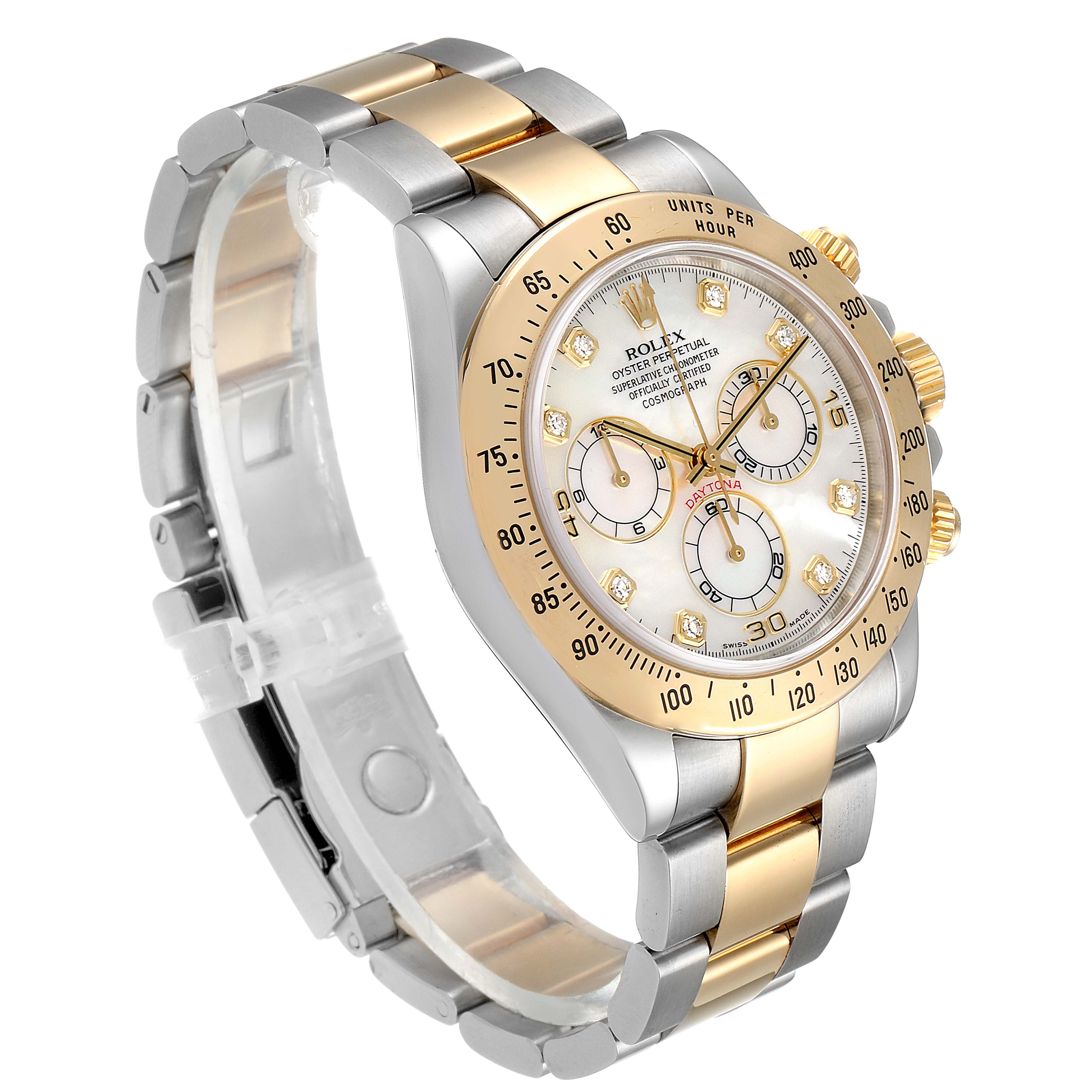 The Rolex Daytona 116523 Men's Steel and Gold (two tone) Mother of Pearl Dial 116523 Men's Steel and Gold (two tone) Mother of Pearl Dial watch is shown at a three-quarter angle, displaying its gold and silver bracelet, three sub-dials, and tachymeter bezel.