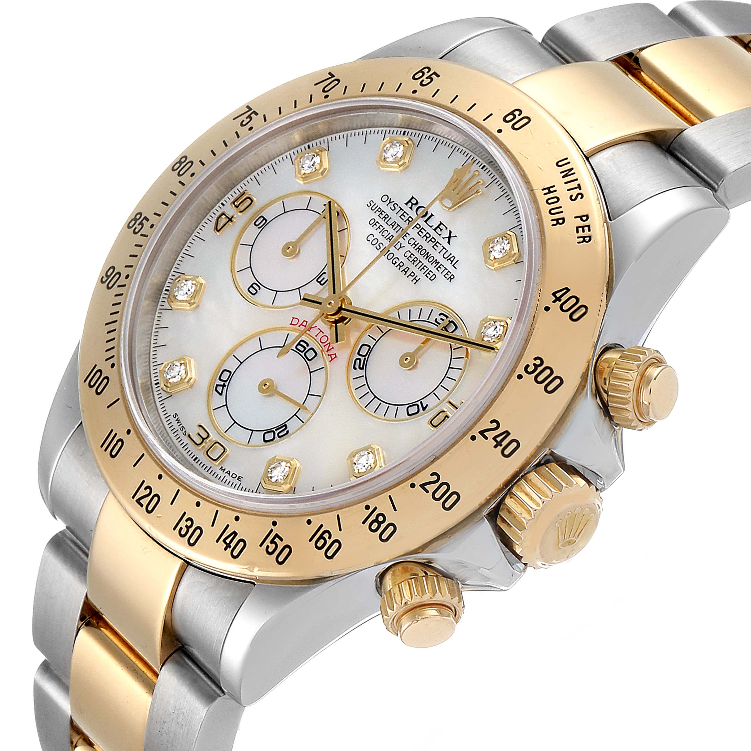 The image shows a Rolex Daytona 116523 Men's Steel and Gold (two tone) Mother of Pearl Dial 116523 Men's Steel and Gold (two tone) Mother of Pearl Dial watch at an angled side view, highlighting the dial, bezel, and part of the bracelet.