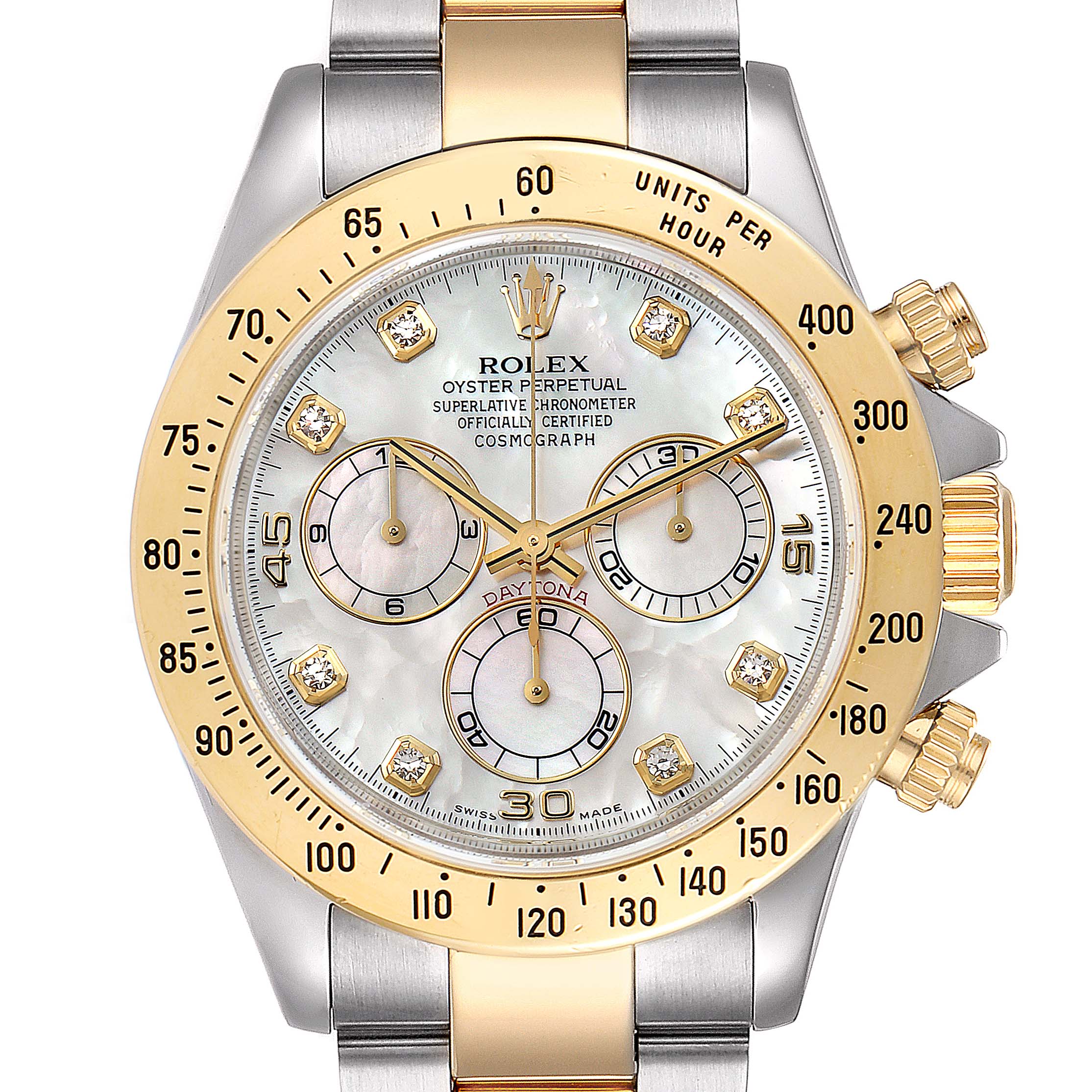 This Rolex Daytona 116523 Men's Steel and Gold (two tone) Mother of Pearl Dial 116523 Men's Steel and Gold (two tone) Mother of Pearl Dial watch is shown from a front angle, displaying the dial, bezel, and part of the bracelet.