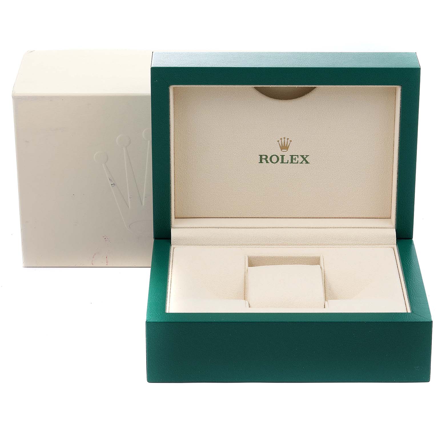 This image shows an open Rolex Daytona 116523 Men's Steel and Gold (two tone) Mother of Pearl Dial 116523 Men's Steel and Gold (two tone) Mother of Pearl Dial watch box, featuring a green exterior and a cream-colored interior.