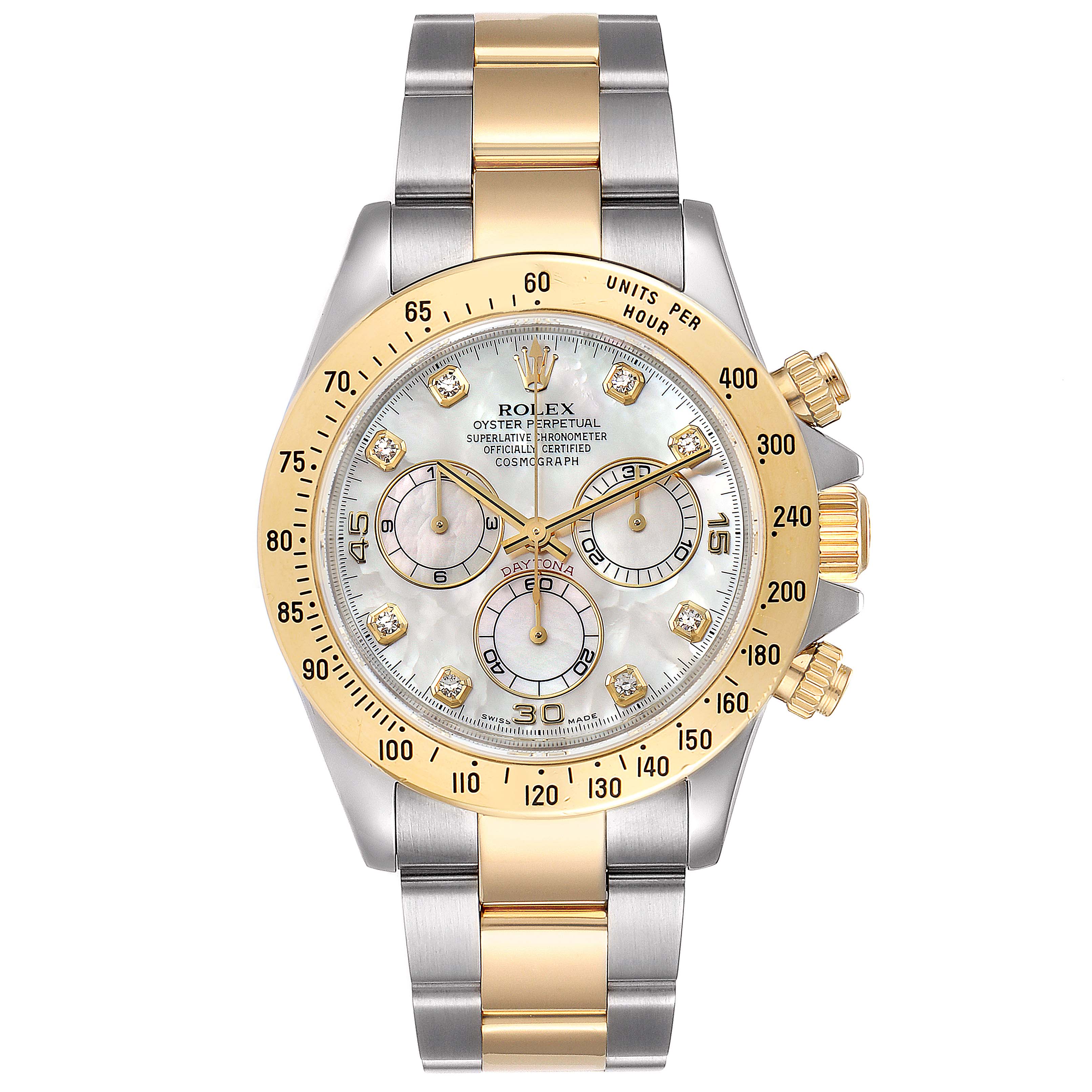 The image shows a frontal view of a Rolex Daytona 116523 Men's Steel and Gold (two tone) Mother of Pearl Dial 116523 Men's Steel and Gold (two tone) Mother of Pearl Dial watch, highlighting its dial, bezel, crown, and bracelet.