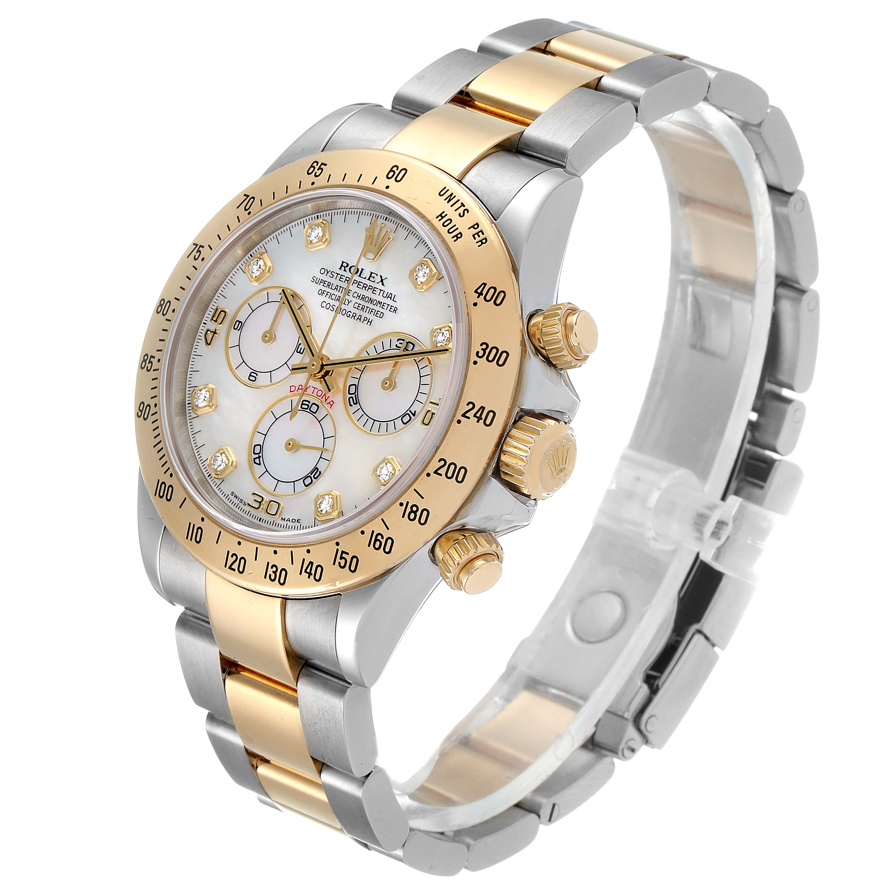This Rolex Daytona 116523 Men's Steel and Gold (two tone) Mother of Pearl Dial 116523 Men's Steel and Gold (two tone) Mother of Pearl Dial watch is shown at an angled view, displaying the face, bezel, pushers, and bracelet prominently.