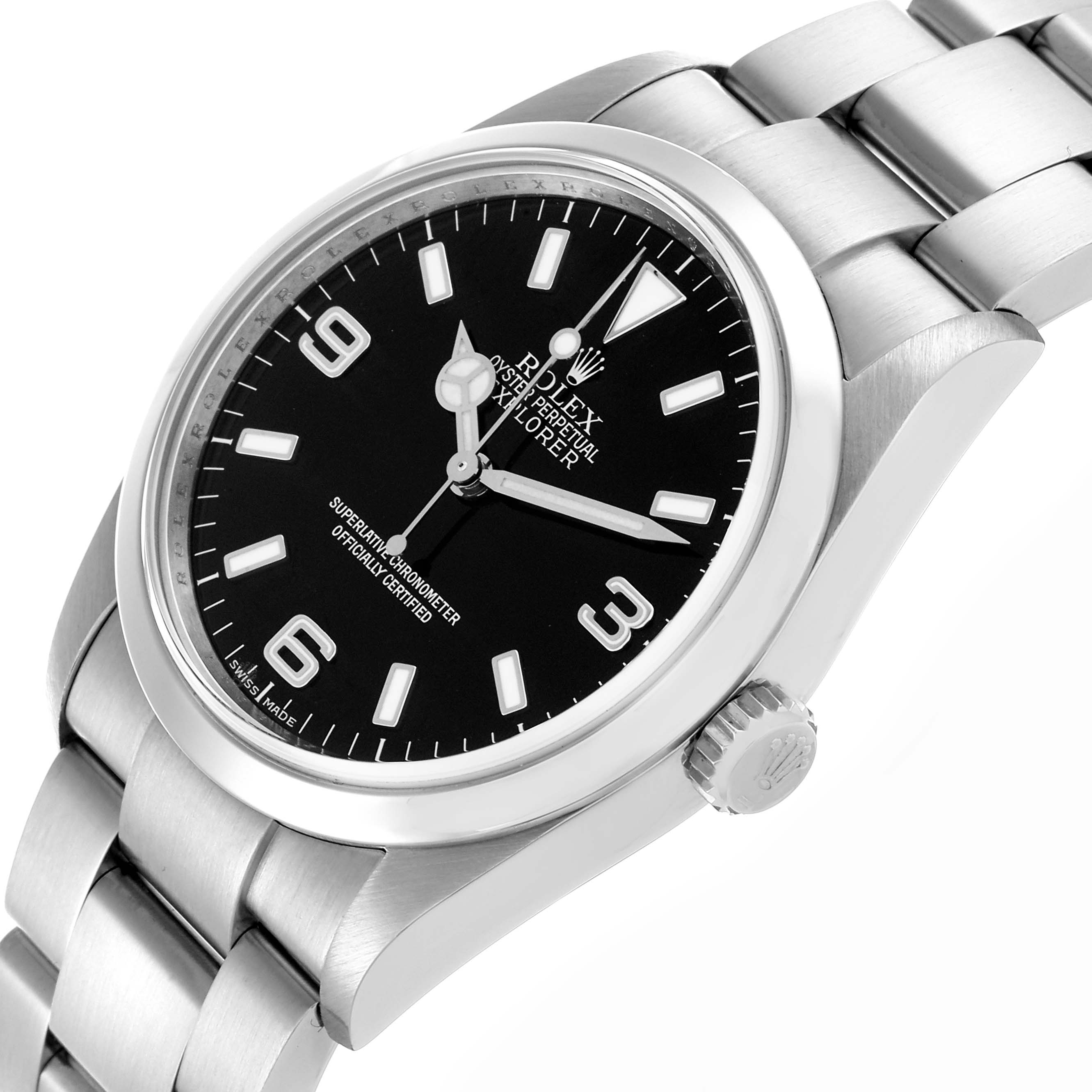 The Rolex Explorer 114270 Men
s Stainless Steel Black Dial 114270 Men
s Stainless Steel Black Dial watch is shown from a slight side angle, highlighting the dial, bezel, crown, and bracelet.