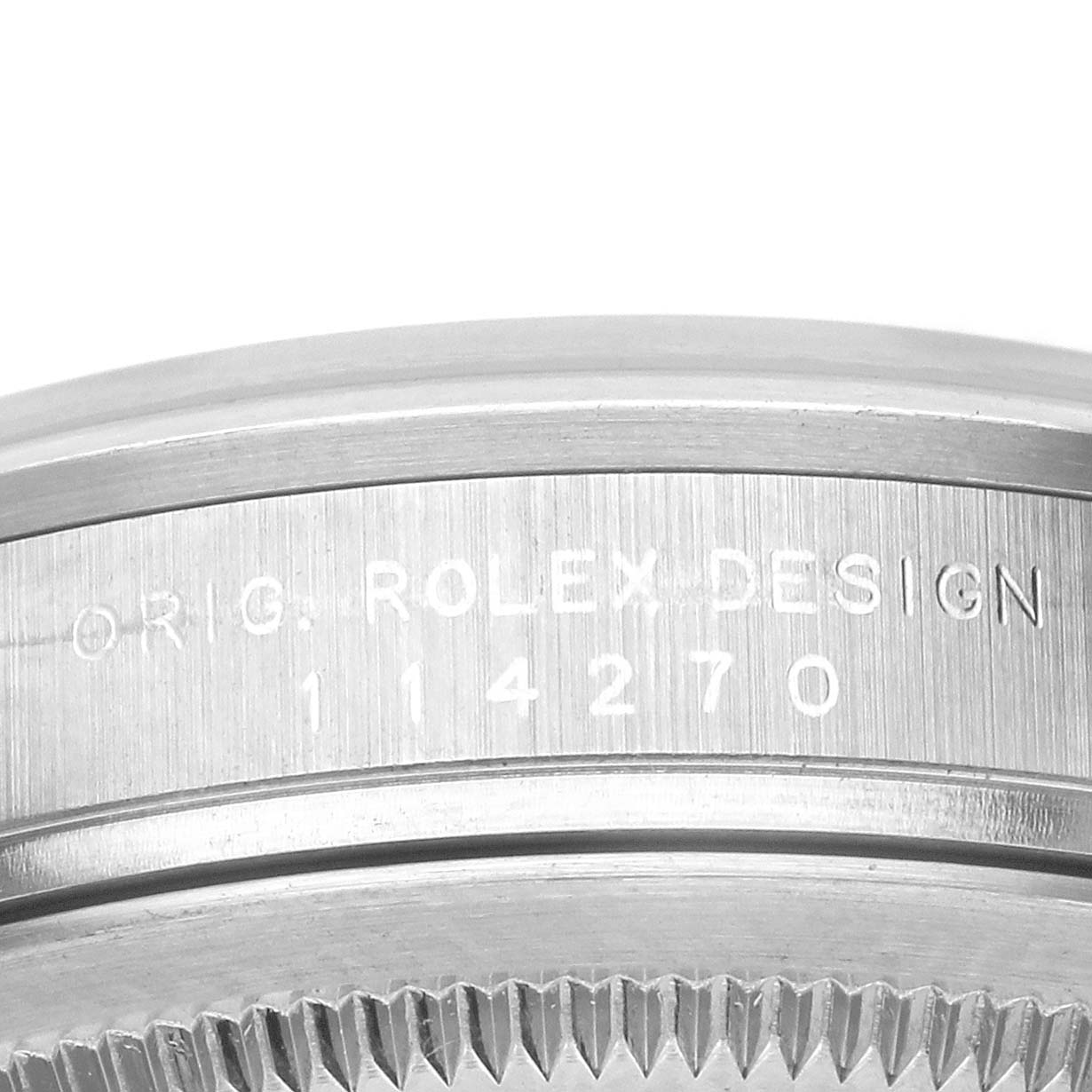 The image shows the side view of the bezel and engraved case of a Rolex Explorer 114270 Men
s Stainless Steel Black Dial 114270 Men
s Stainless Steel Black Dial watch, model 114270.