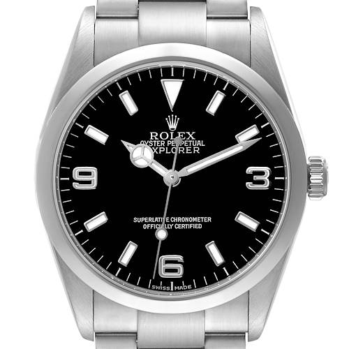 The Rolex Explorer watch is shown from the front, featuring the face, hands, bezel, and part of the bracelet.