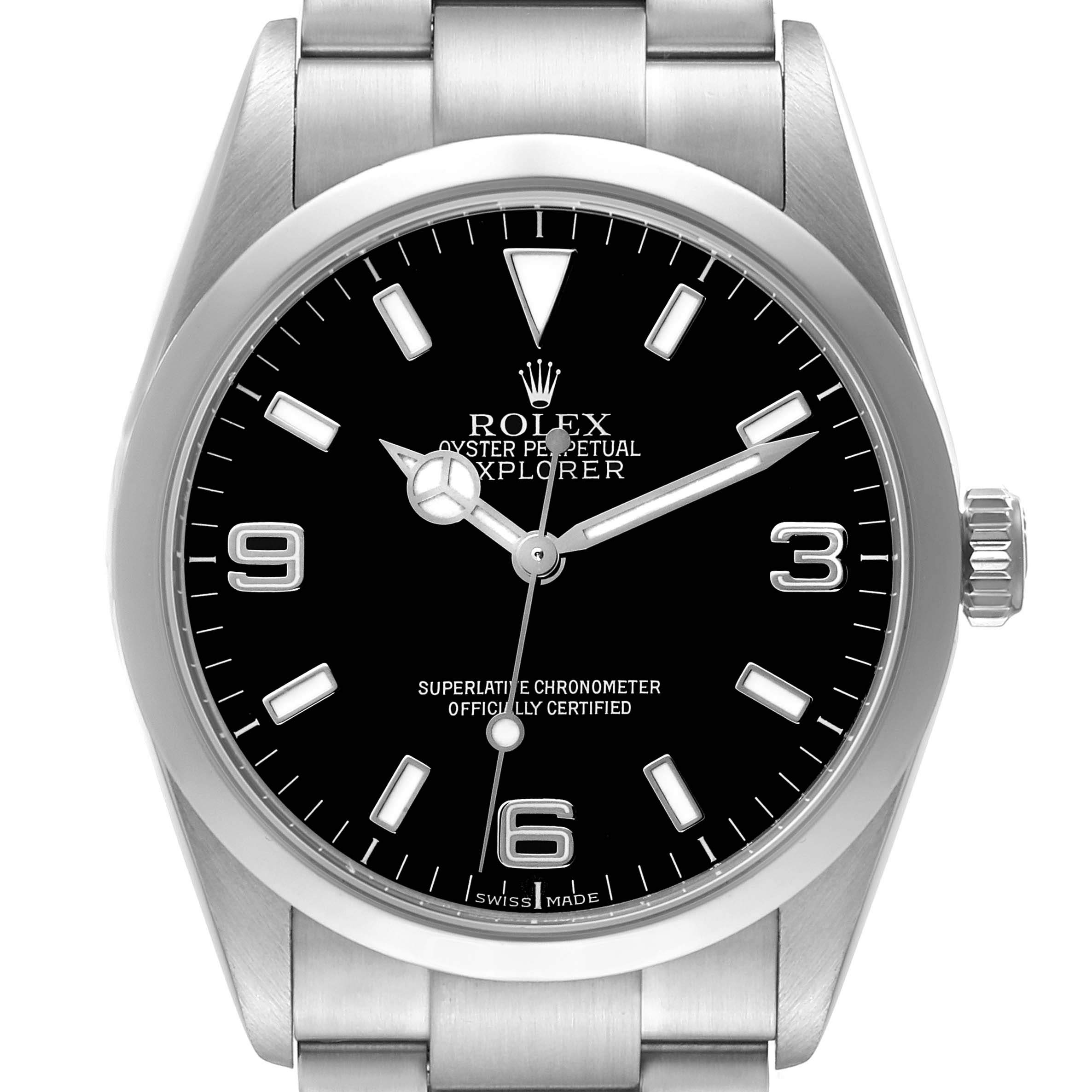 The image shows a front view of the Rolex Explorer 114270 Men
s Stainless Steel Black Dial 114270 Men
s Stainless Steel Black Dial watch, highlighting the dial, bezel, and part of the bracelet.