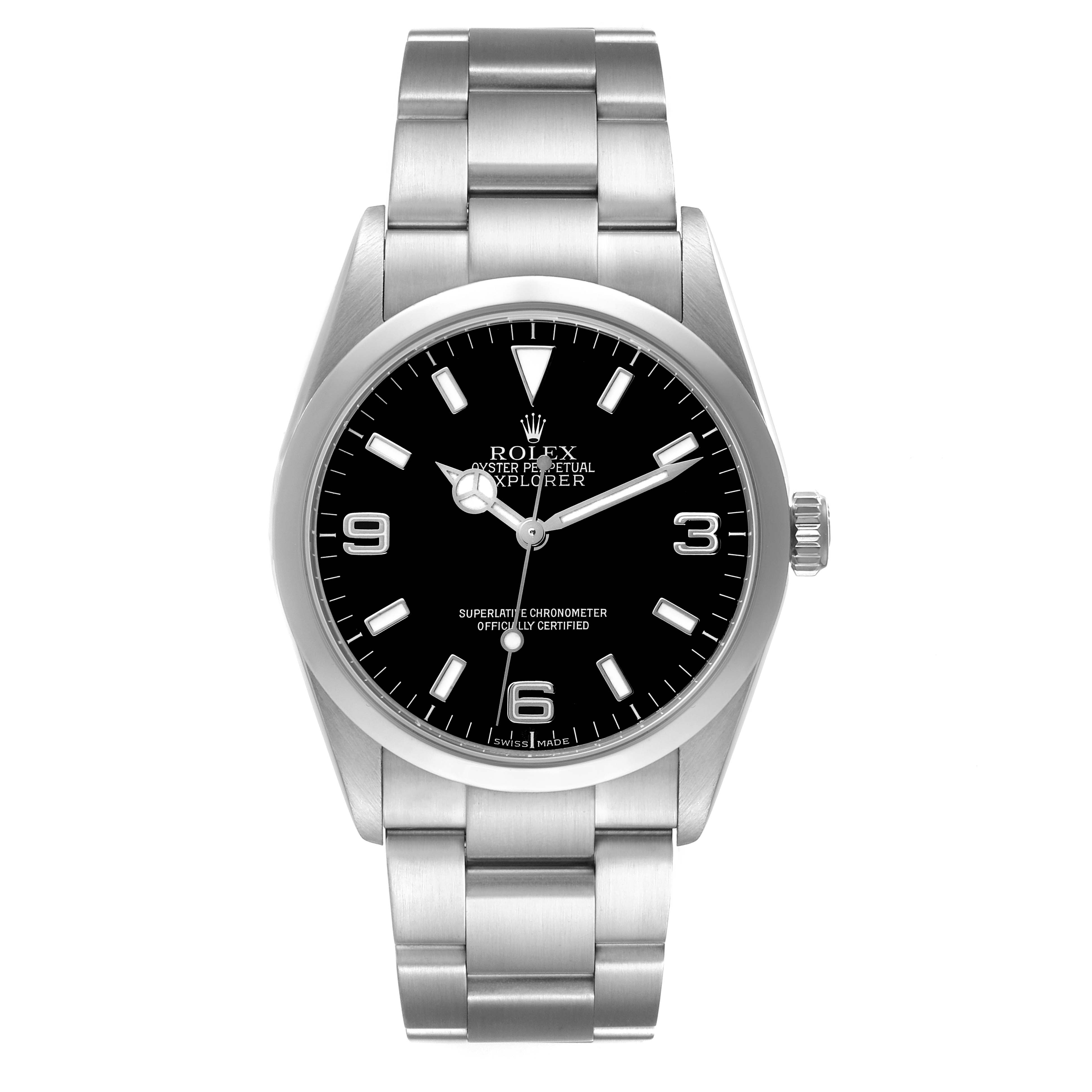 The Rolex Explorer 114270 Men
s Stainless Steel Black Dial 114270 Men
s Stainless Steel Black Dial watch is shown from a front angle, displaying its dial, hands, bezel, and bracelet.