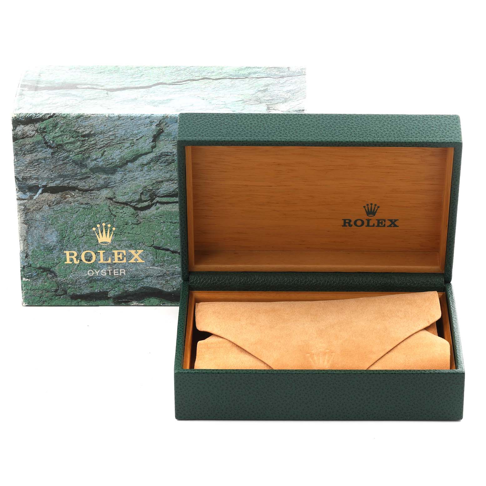 The image shows a green Rolex Explorer 114270 Men
s Stainless Steel Black Dial 114270 Men
s Stainless Steel Black Dial watch box with its lid open, revealing a suede pouch inside.