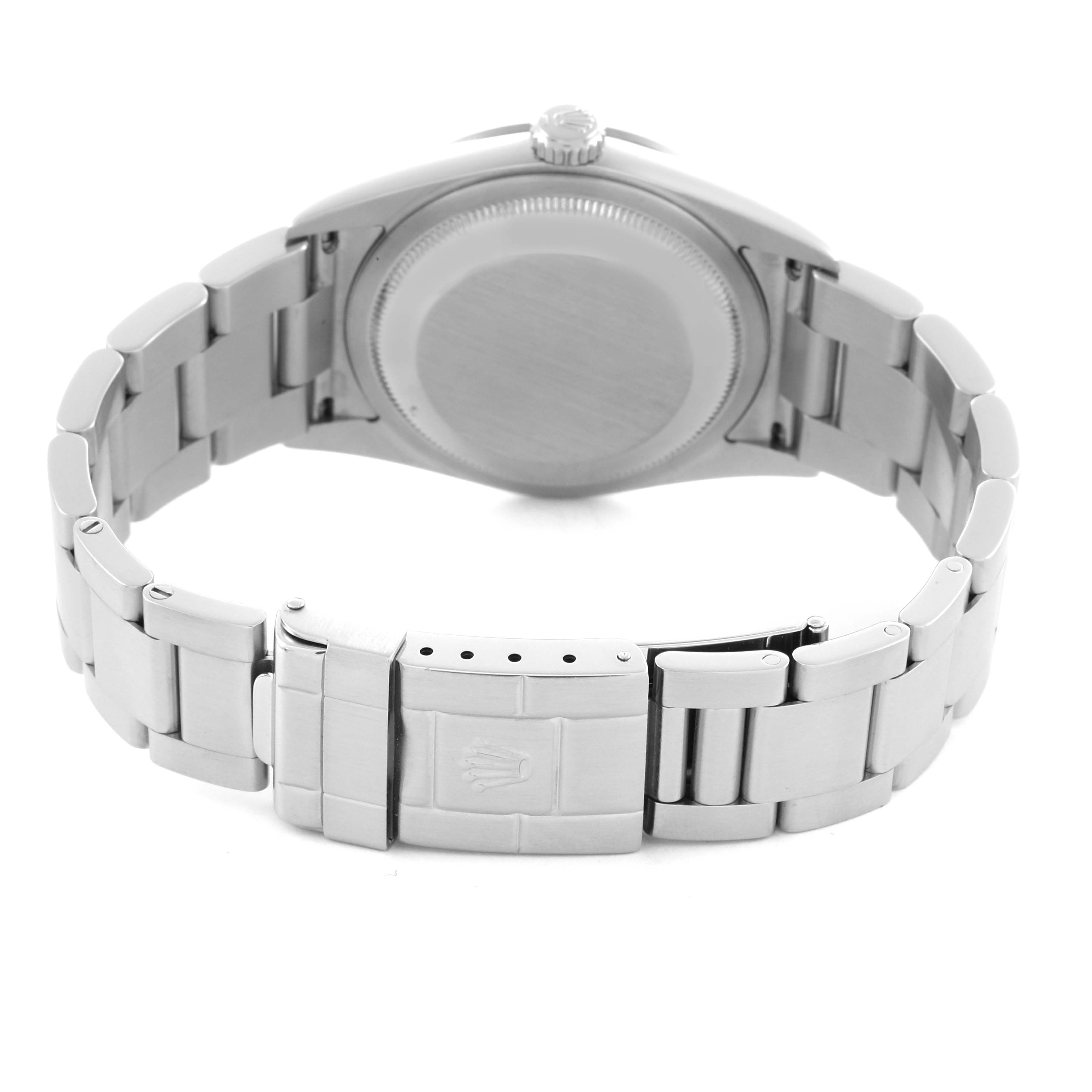 The image shows the backside and clasp of the Rolex Explorer 114270 Men
s Stainless Steel Black Dial 114270 Men
s Stainless Steel Black Dial watch bracelet.