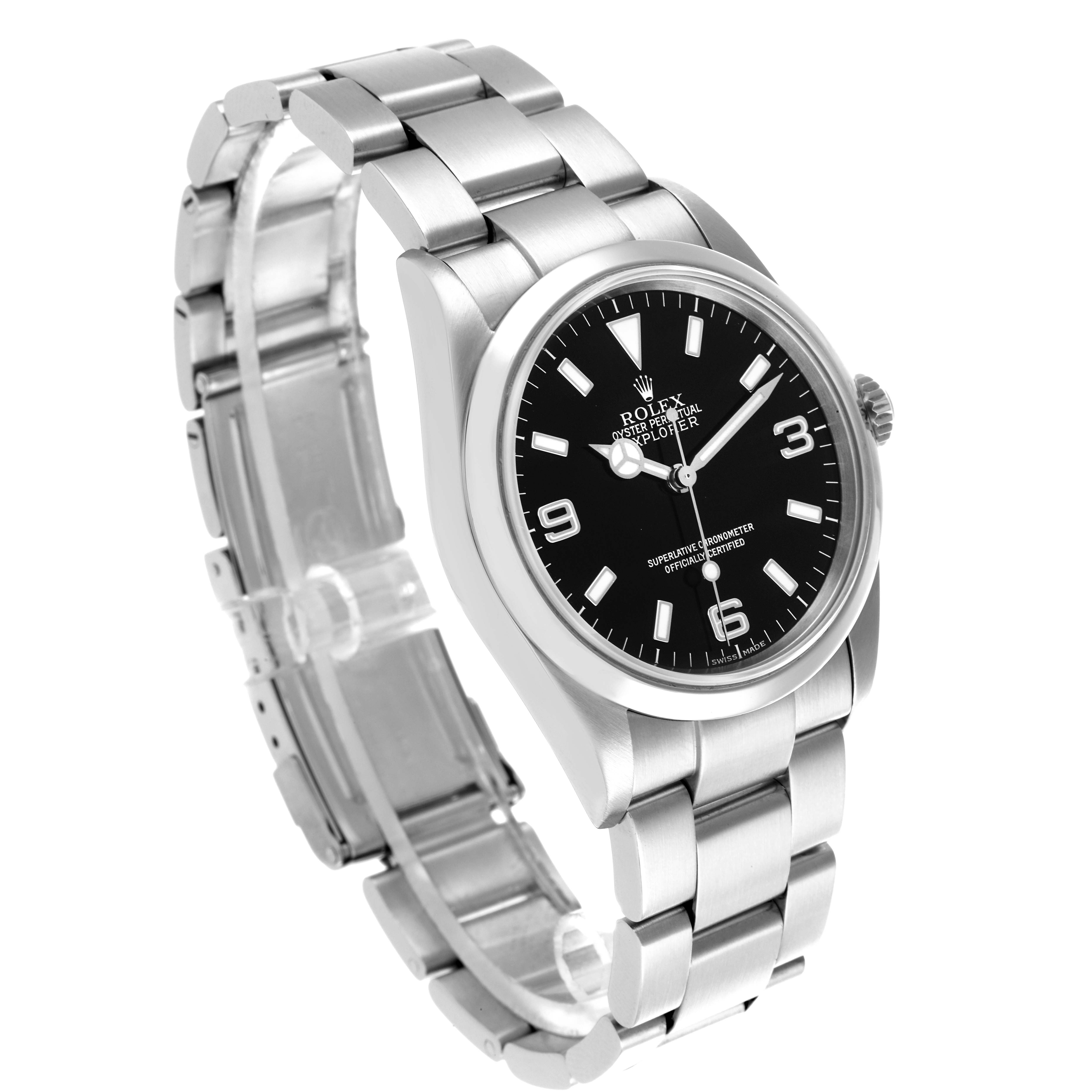 The Rolex Explorer 114270 Men
s Stainless Steel Black Dial 114270 Men
s Stainless Steel Black Dial watch is shown at a three-quarter angle, highlighting the face, bezel, and bracelet.