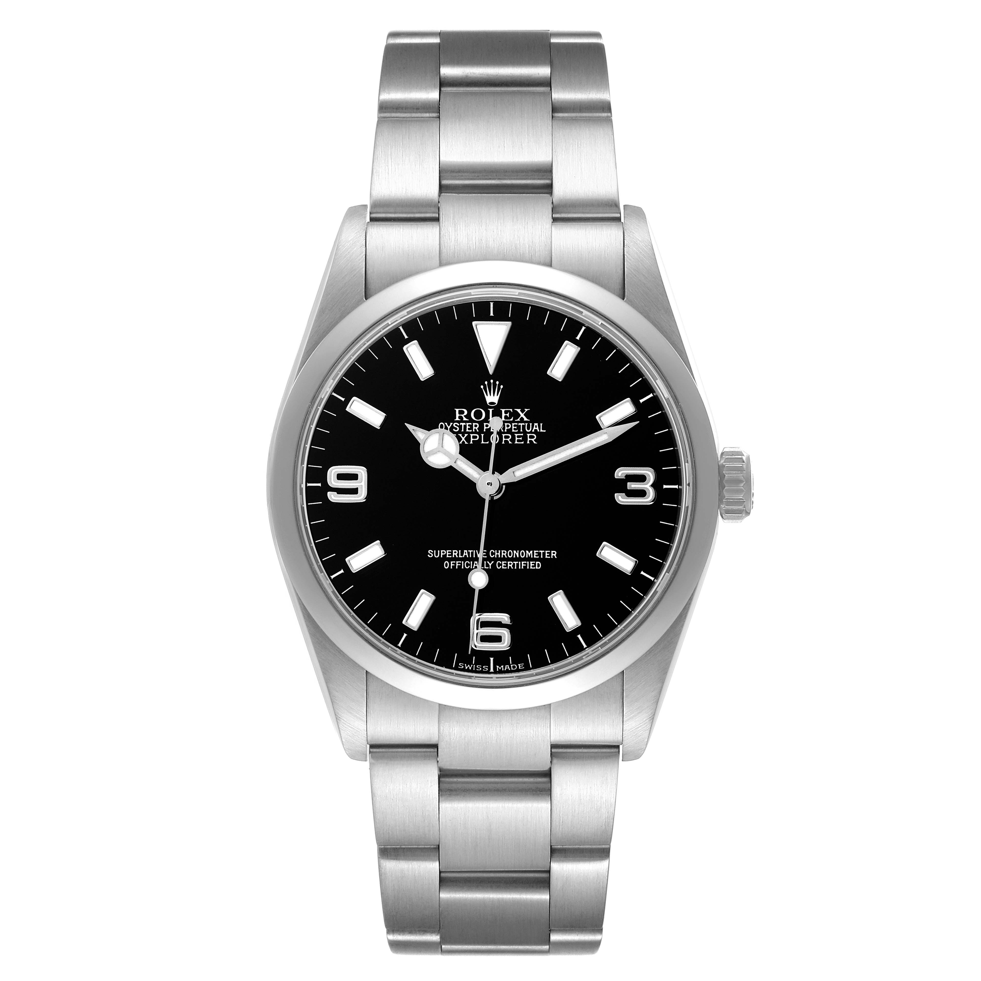 The Rolex Explorer 114270 Men
s Stainless Steel Black Dial 114270 Men
s Stainless Steel Black Dial watch is shown from the front, displaying the dial, hands, bezel, and bracelet clearly.