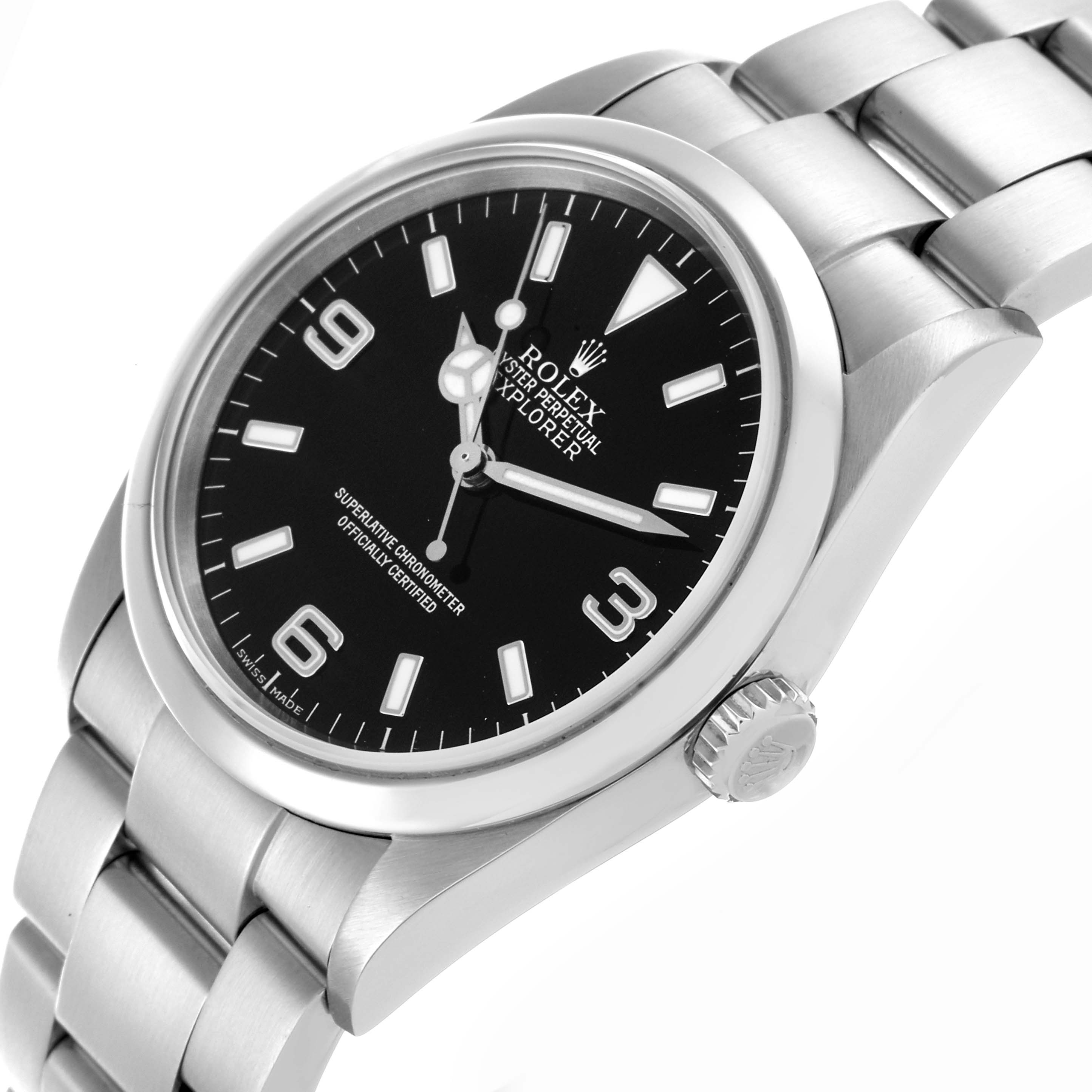 The Rolex Explorer 114270 Men
s Stainless Steel Black Dial 114270 Men
s Stainless Steel Black Dial watch is shown at an angle displaying the face, bezel, crown, and part of the bracelet.