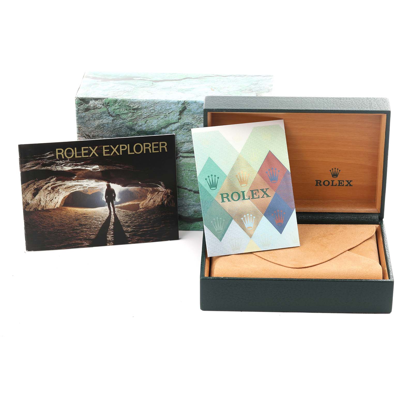 The image shows the packaging, booklet, and warranty card holder for a Rolex Explorer 114270 Men
s Stainless Steel Black Dial 114270 Men
s Stainless Steel Black Dial watch.