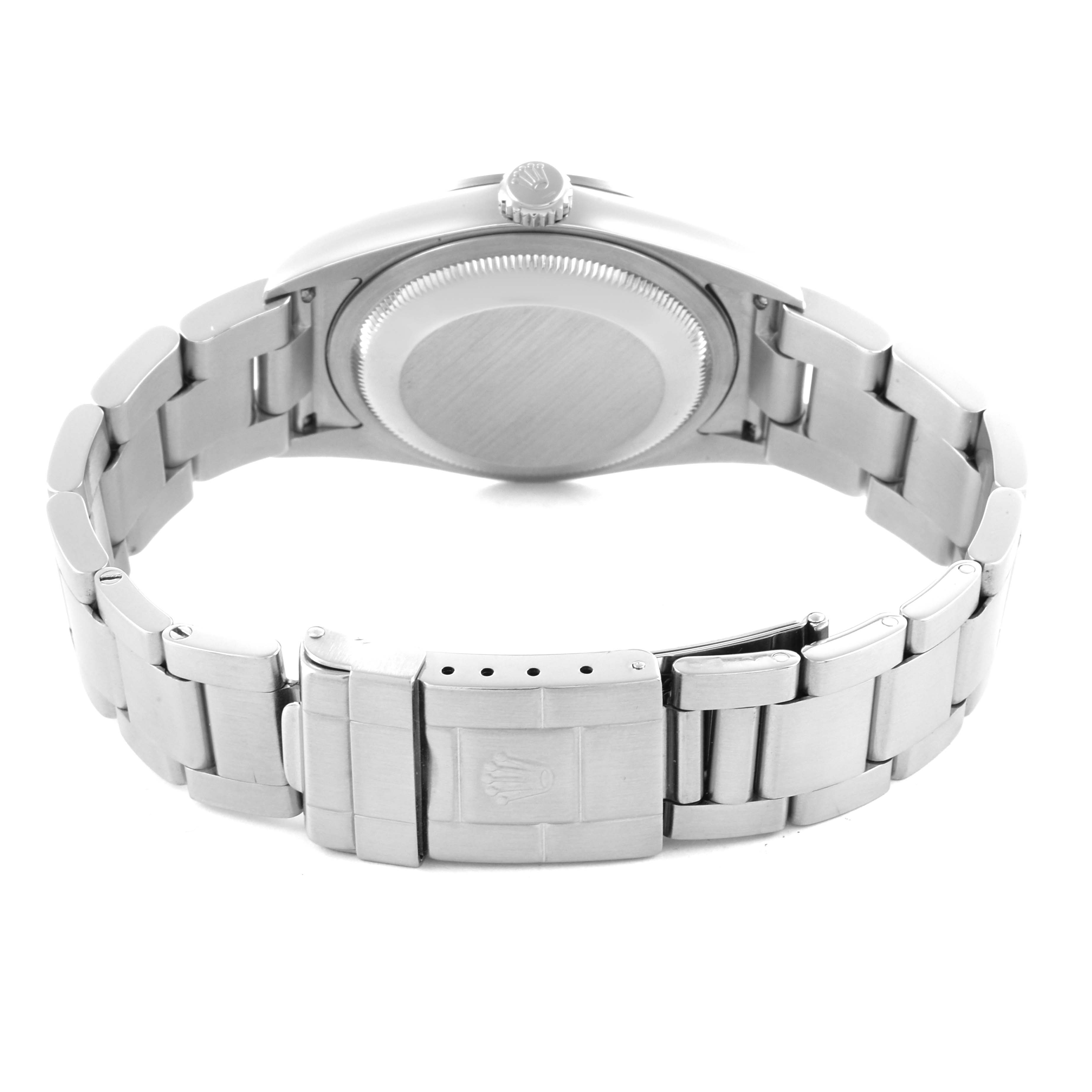 The image shows the back view of a Rolex Explorer 114270 Men
s Stainless Steel Black Dial 114270 Men
s Stainless Steel Black Dial watch, highlighting the case back and bracelet with clasp.