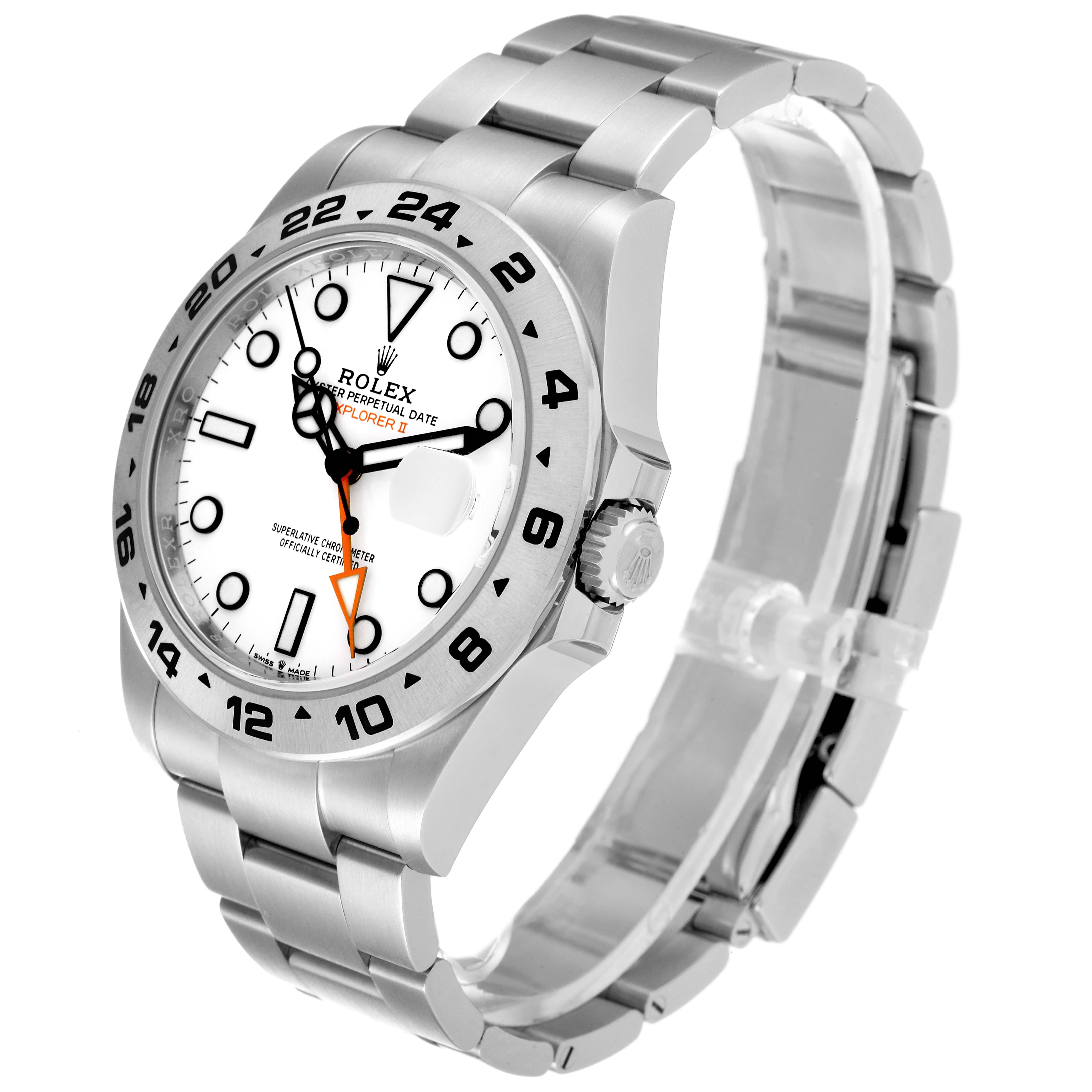 The image shows a side angle of the Rolex Explorer 226570 Men
s Stainless Steel White Dial 226570 Men
s Stainless Steel White Dial watch, highlighting the face, bezel, and bracelet.