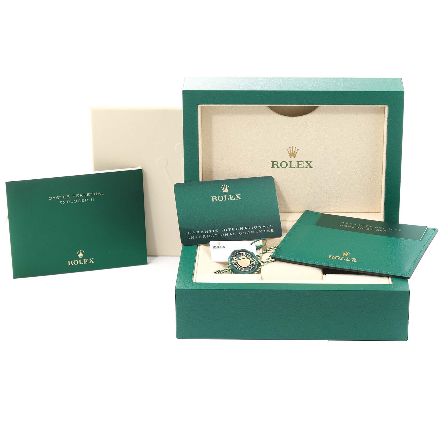 The image shows the packaging and accessories for a Rolex Explorer 226570 Men
s Stainless Steel White Dial 226570 Men
s Stainless Steel White Dial model, including the box, guarantee card, and manuals.