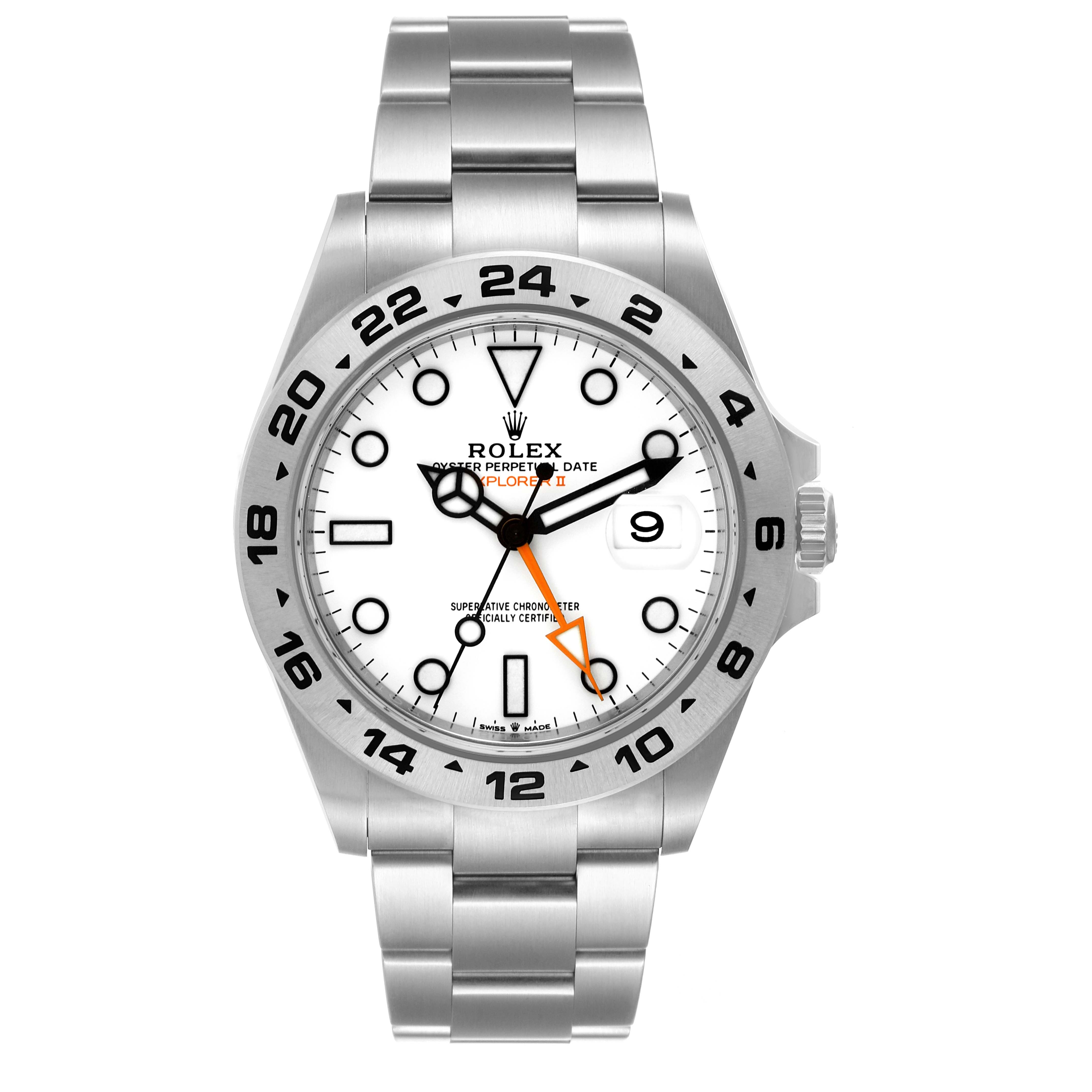 The image shows a front view of the Rolex Explorer 226570 Men
s Stainless Steel White Dial 226570 Men
s Stainless Steel White Dial watch including its face, bezel, crown, and bracelet.