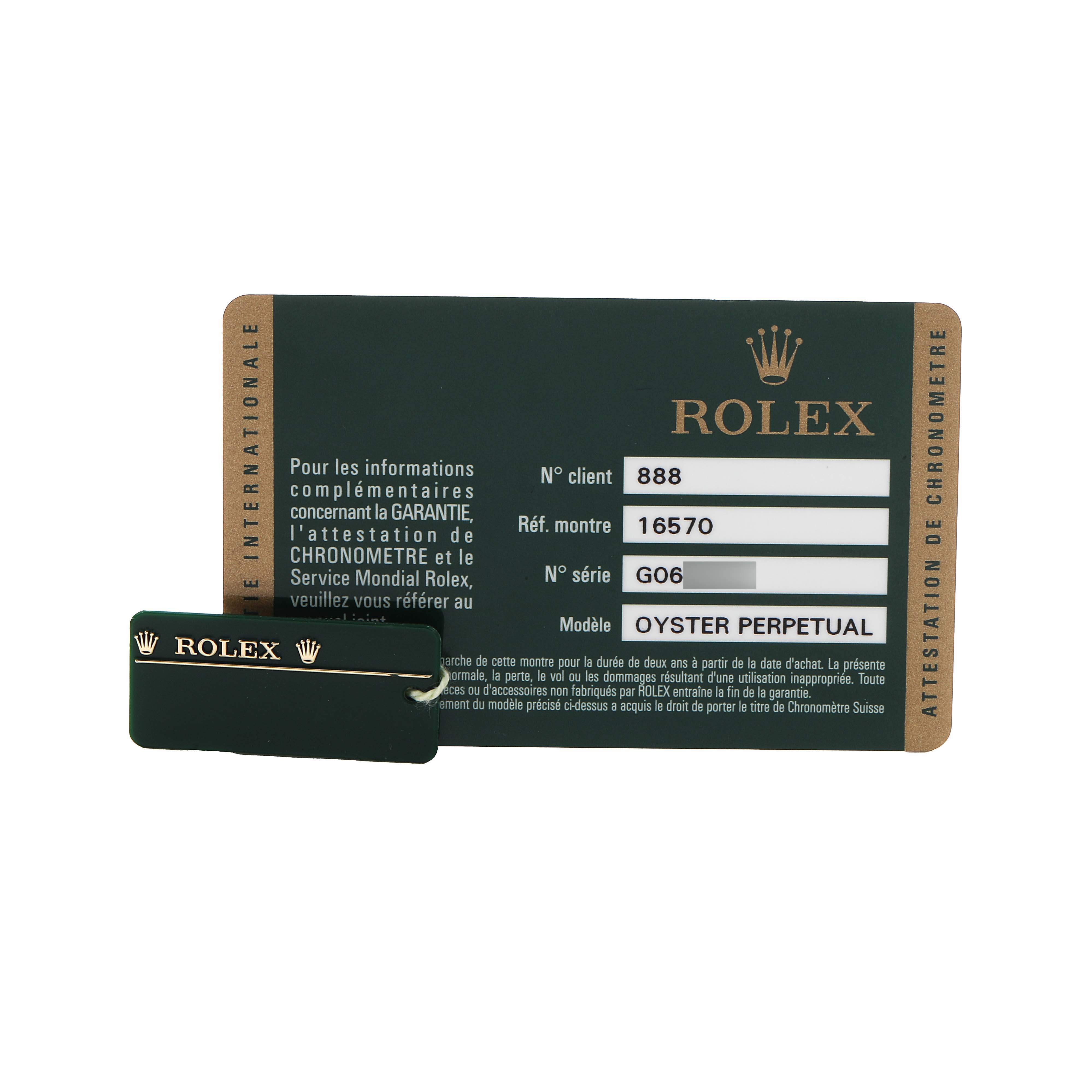 The image shows a warranty card and tag for a Rolex Explorer 16570 Men's Stainless Steel Black Dial model, ref. 16570, with client number 888.