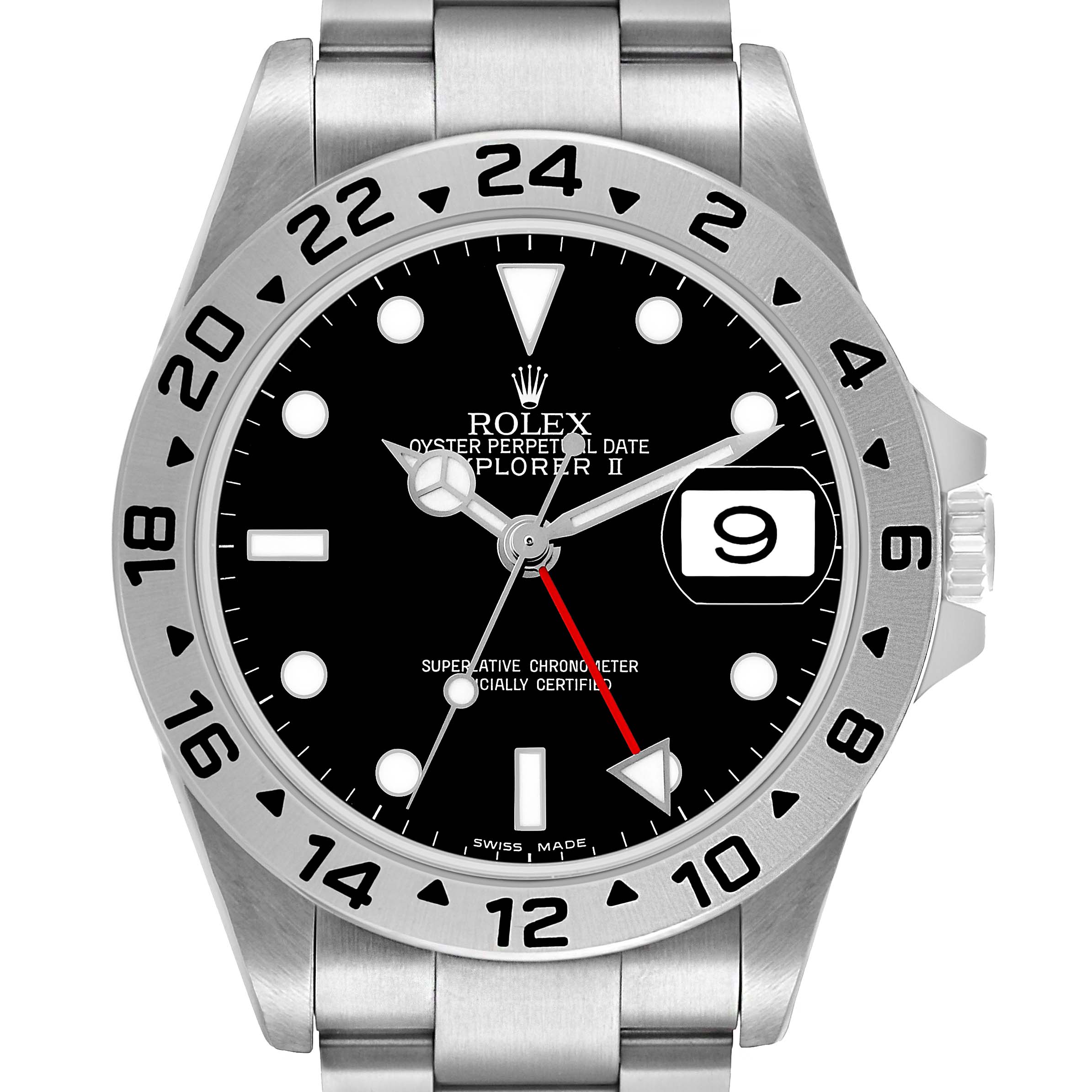 The Rolex Explorer 16570 Men's Stainless Steel Black Dial II watch is shown from a front angle, displaying the face, bezel, and part of the bracelet.