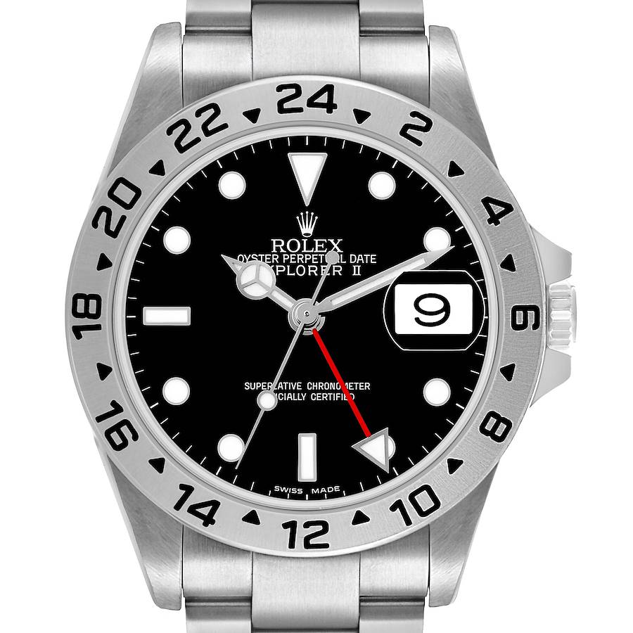 The Rolex Explorer 16570 Men's Stainless Steel Black Dial II watch is shown from a front angle, displaying the face, bezel, and part of the bracelet.