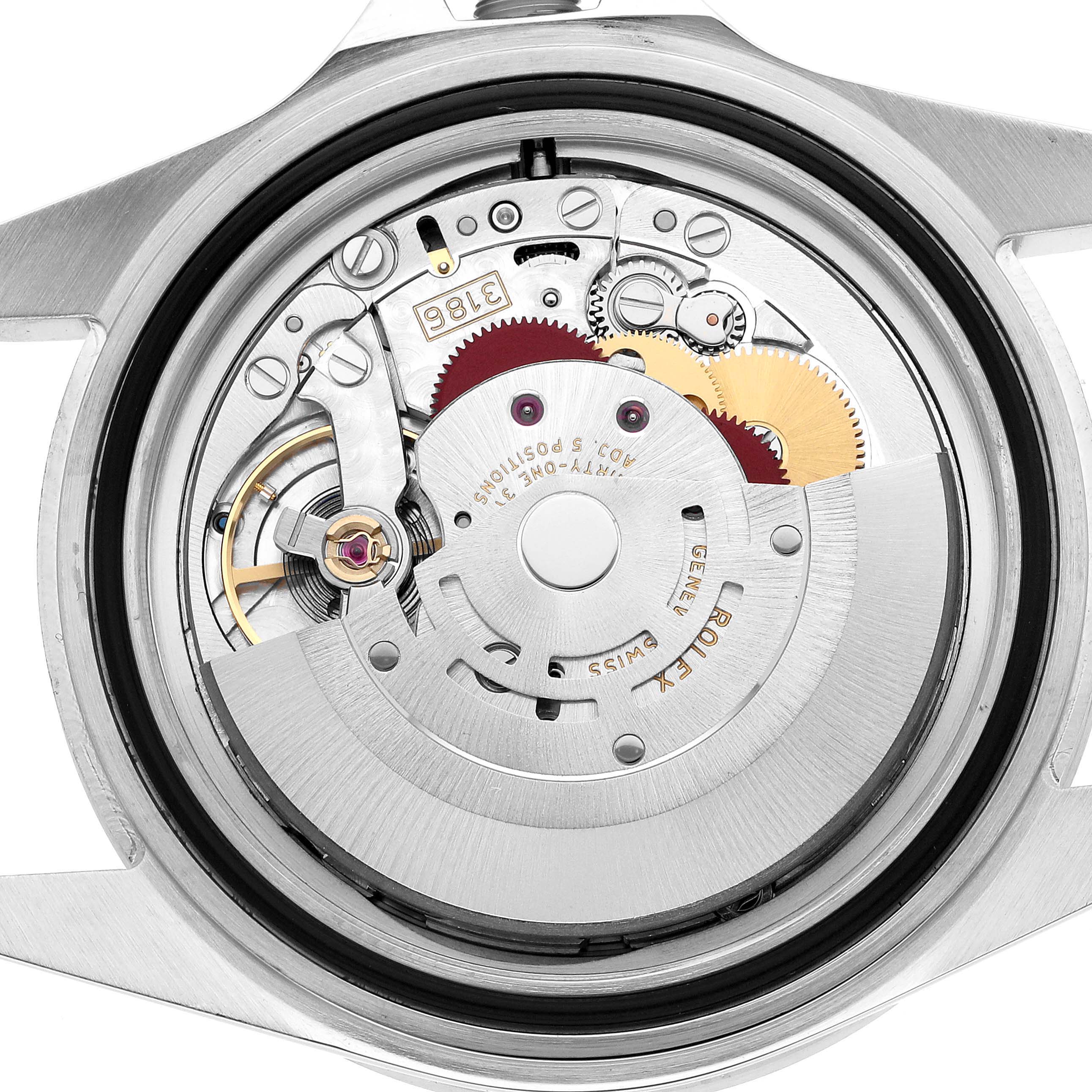 The image shows the internal movement mechanism of a Rolex Explorer 16570 Men's Stainless Steel Black Dial watch from a top-down angle.