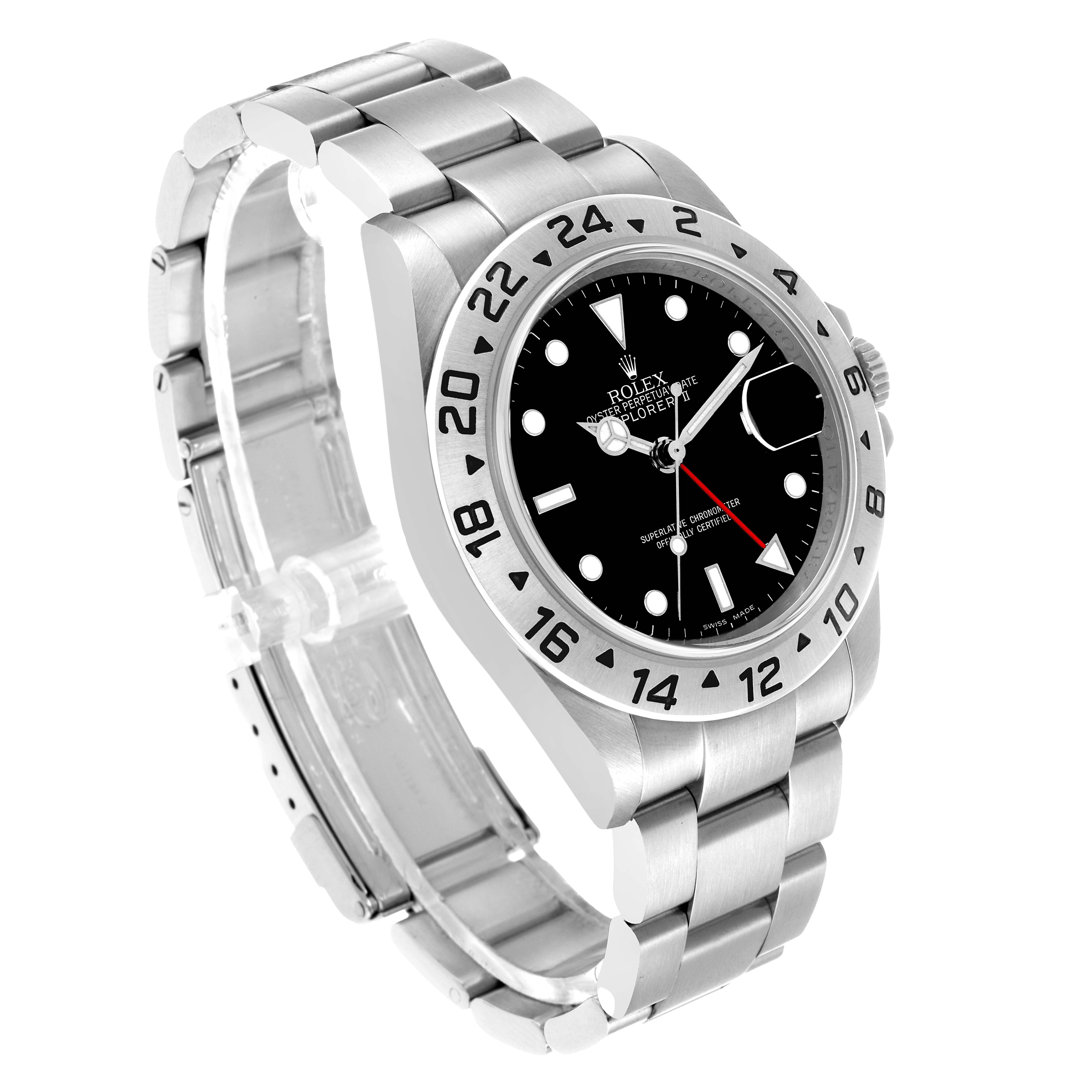 The image shows a Rolex Explorer 16570 Men's Stainless Steel Black Dial watch at a three-quarter angle, highlighting its bracelet, bezel, and dial.