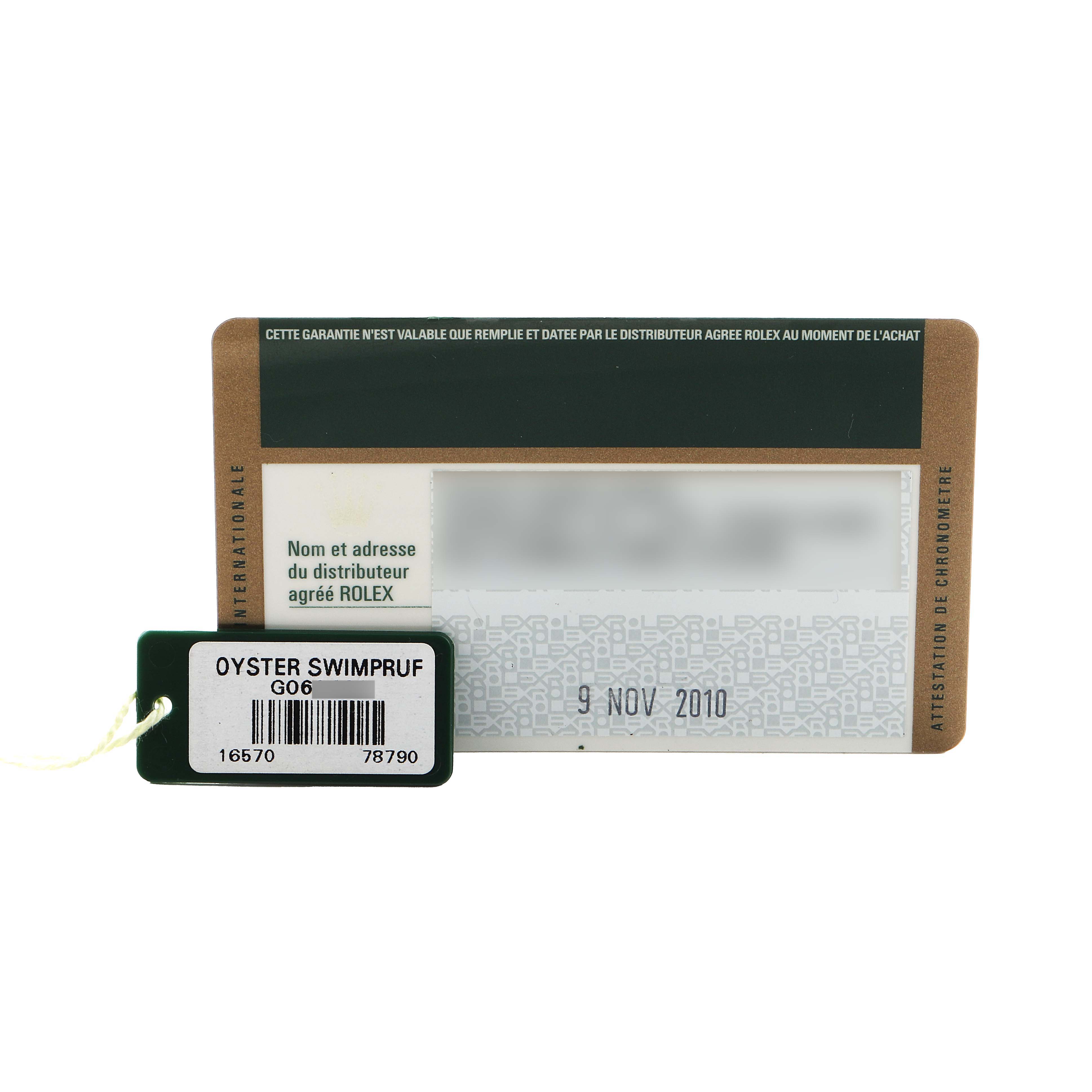 The image shows a warranty card and tag for a Rolex Explorer 16570 Men's Stainless Steel Black Dial watch, featuring the "OYSTER SWIMPRUF" label.