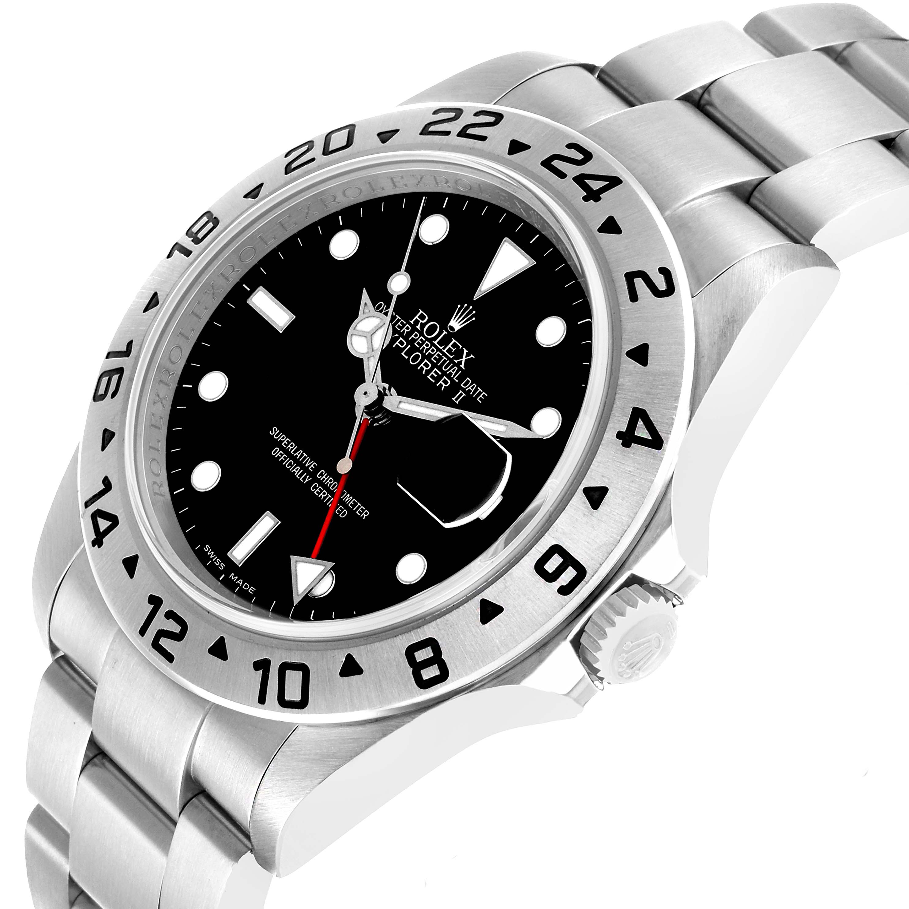 The Rolex Explorer 16570 Men's Stainless Steel Black Dial watch is shown at an angle highlighting the dial, bezel, bracelet, and crown.