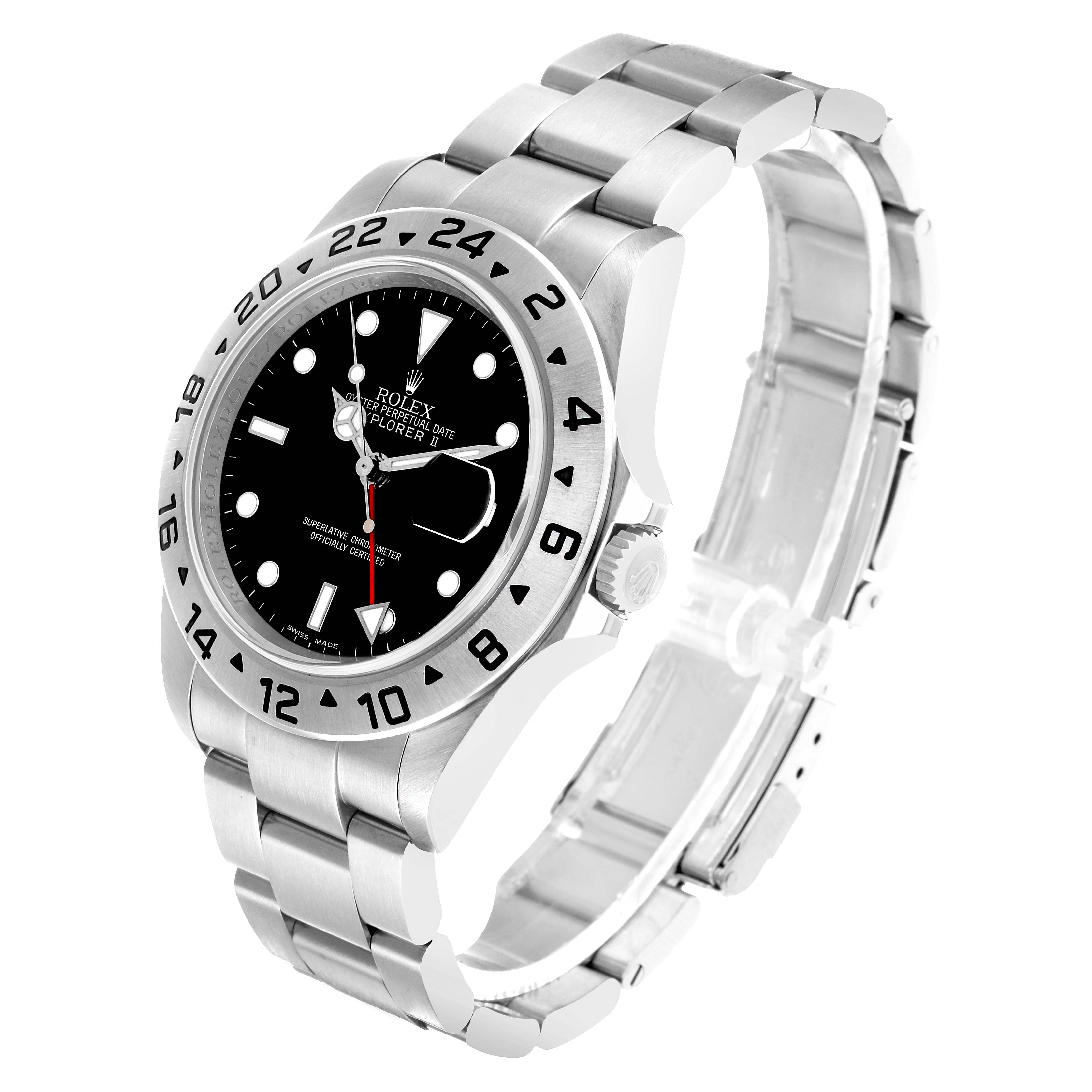 The Rolex Explorer 16570 Men's Stainless Steel Black Dial watch is shown at a three-quarter angle, highlighting the bezel, dial, and bracelet.