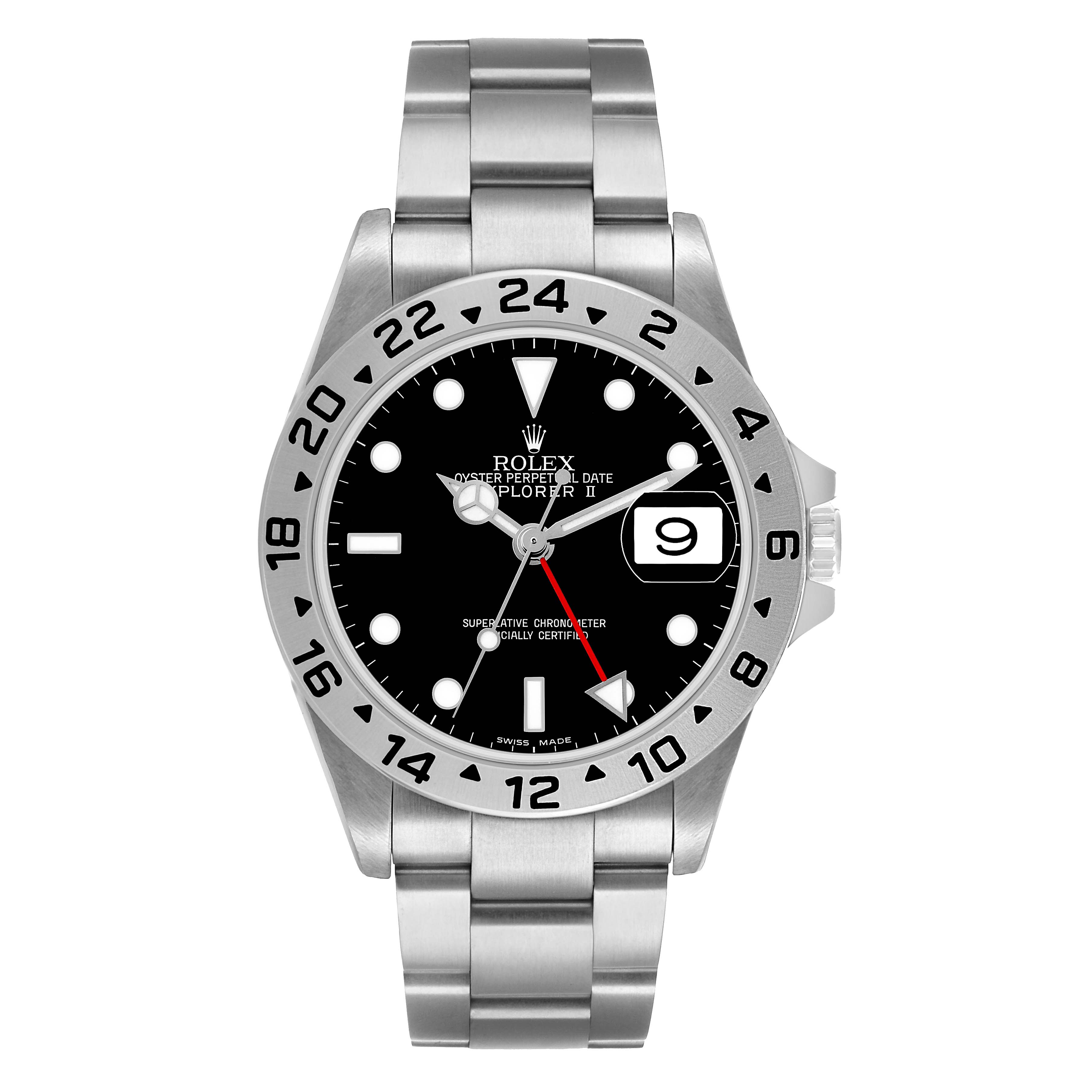 This Rolex Explorer 16570 Men's Stainless Steel Black Dial model is shown from the front, highlighting its bezel, dial, date window, and bracelet.