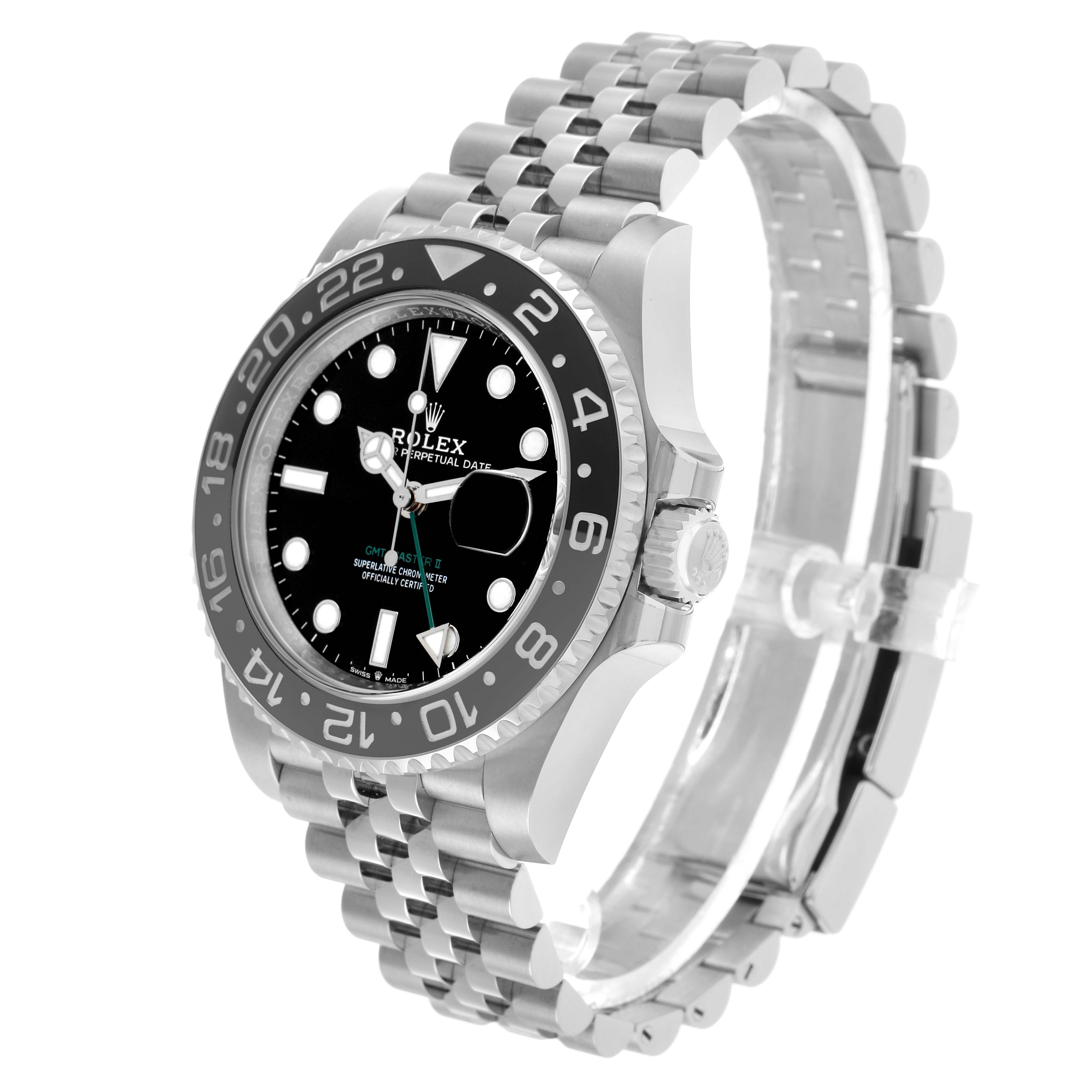 The Rolex GMT-Master 126710GRNR Men's Stainless Steel Black Dial watch is shown at an angled side view, displaying the bezel, dial, and jubilee bracelet.