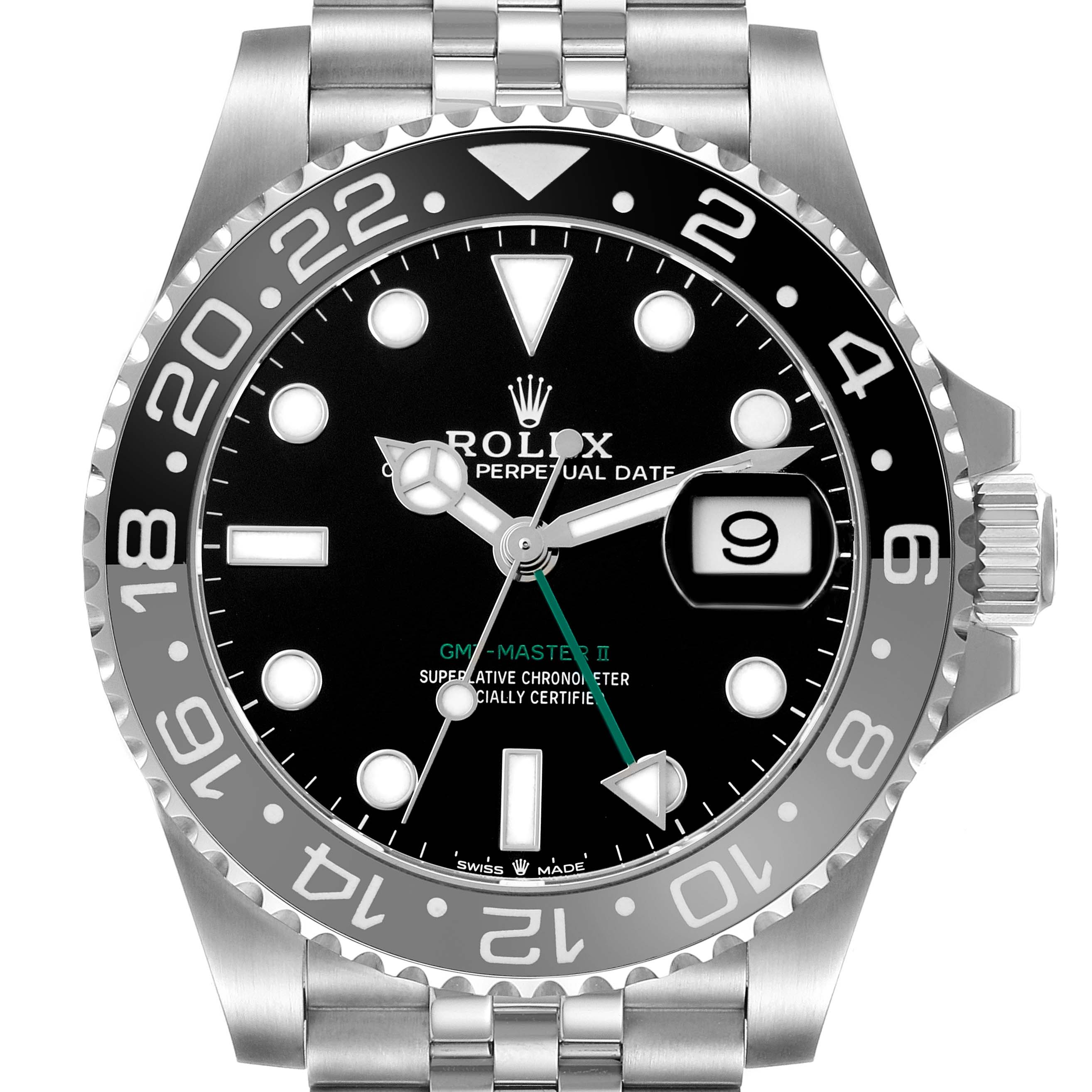 The Rolex GMT-Master 126710GRNR Men's Stainless Steel Black Dial watch is shown from a top-down angle, highlighting the face, bezel, and part of the bracelet.