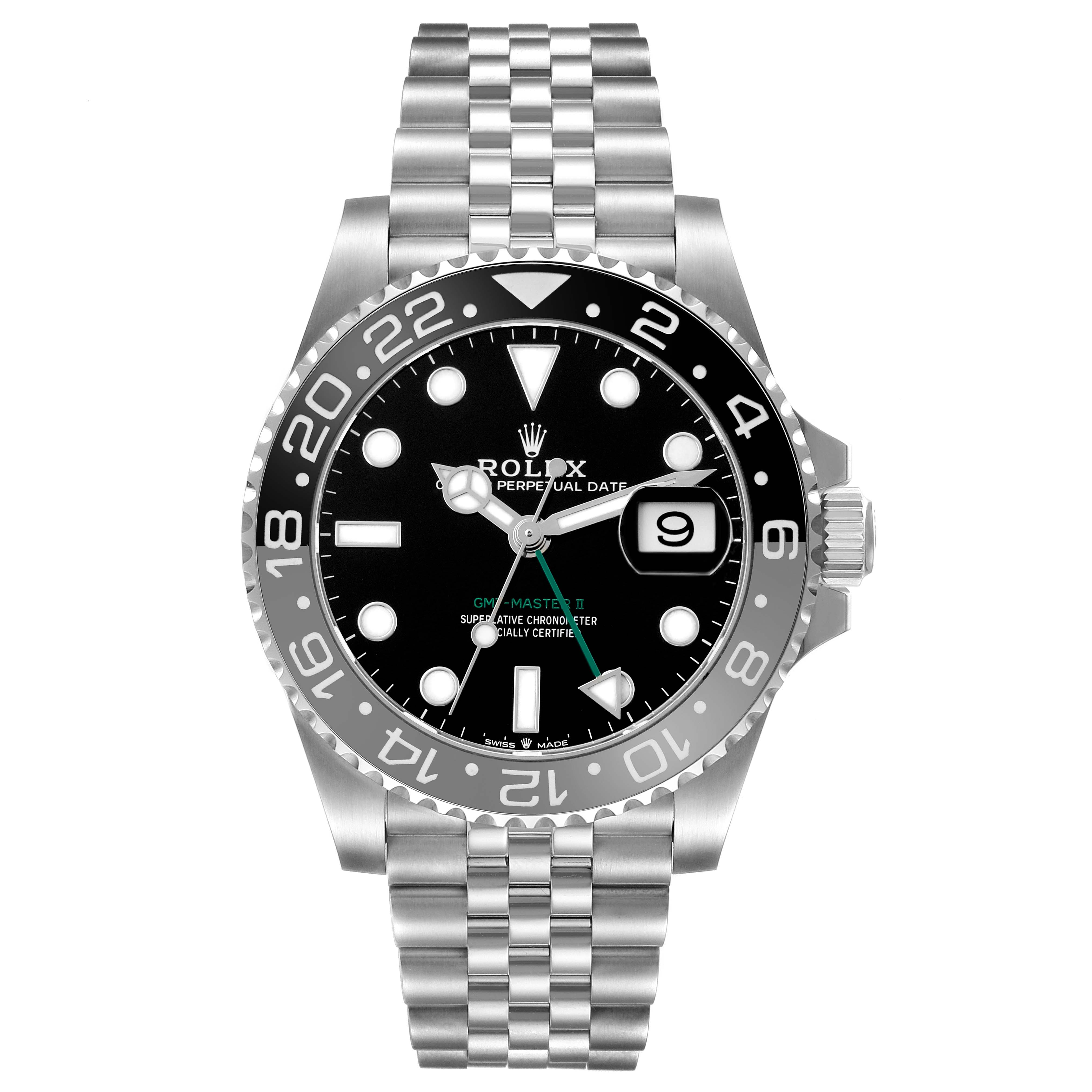 The Rolex GMT-Master 126710GRNR Men's Stainless Steel Black Dial watch is shown from a front angle, displaying the dial, bezel, and bracelet.
